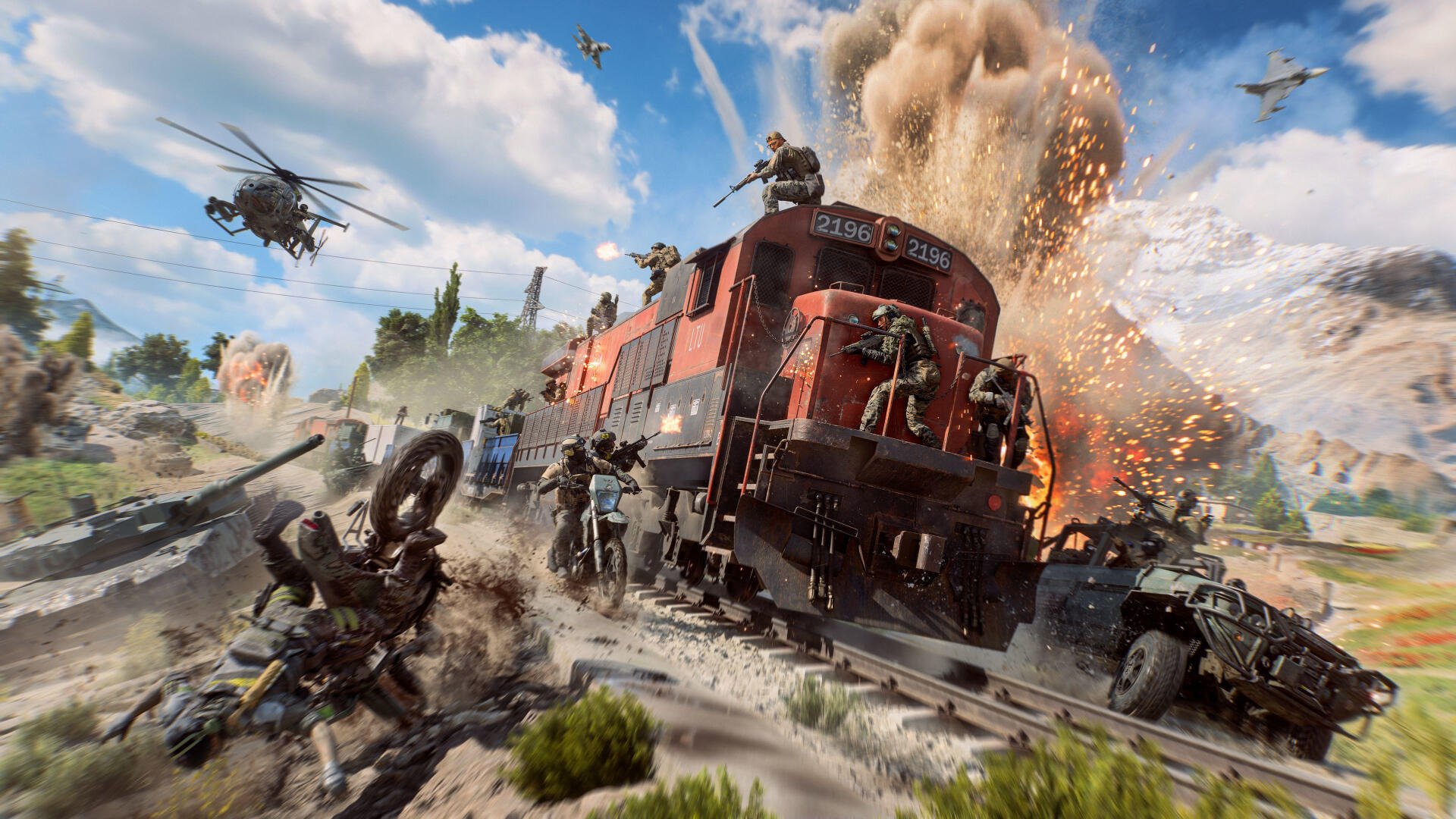 Battlefield 6 video game scene: Battlefield soldiers storm a speeding, exploding train amid helicopters and dust — 4K Ultra HD PC desktop wallpaper and background.