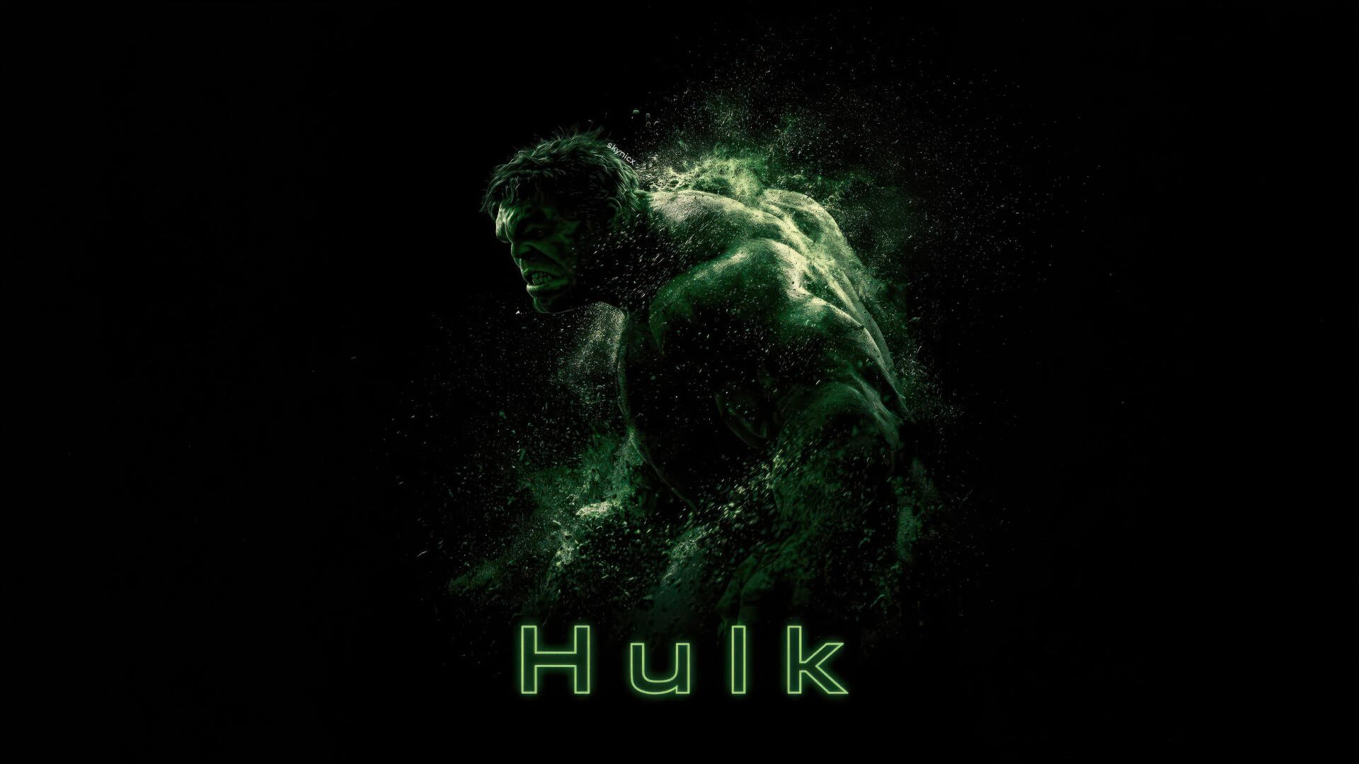Dark 4K Ultra HD PC desktop wallpaper of Hulk: a green, smoky superhero silhouette emerging from shadows with glowing Hulk title.