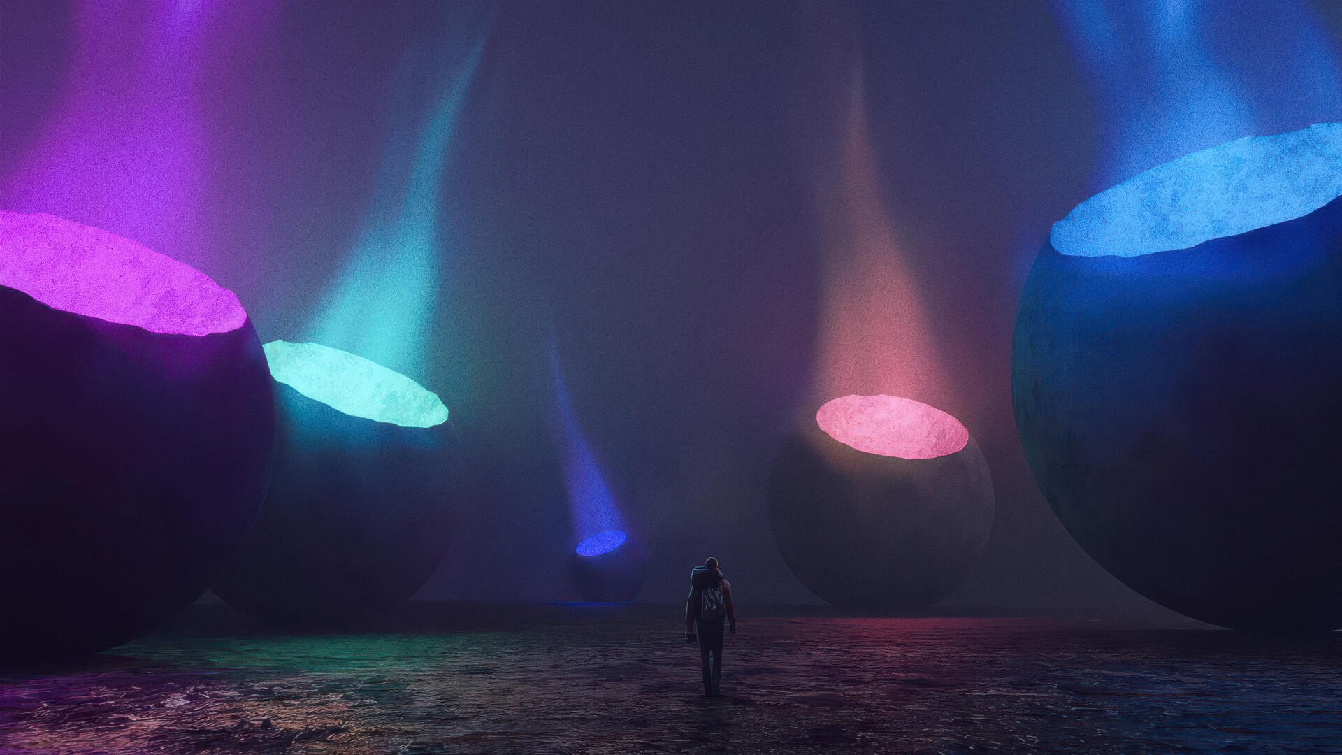 Surreal glowing 4K Ultra HD PC desktop wallpaper: lone person walking beneath floating luminescent orbs casting pink, blue and teal light across a dark reflective landscape.