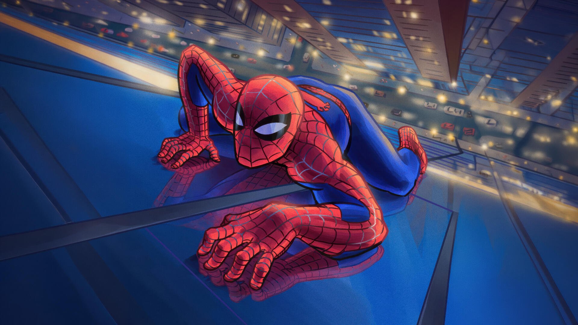 5K Ultra HD digital art of Spider-Man clinging to a glass skyscraper at night, city lights streaking below — a dynamic superhero PC desktop wallpaper.