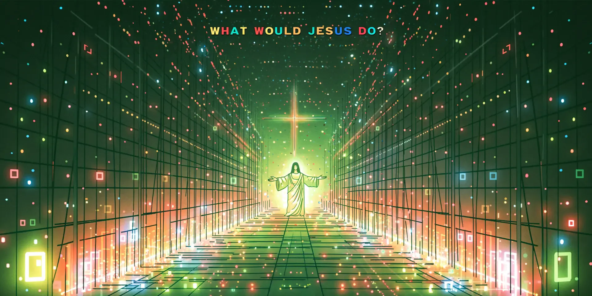 4K UHD Christian PC wallpaper: Jesus with outstretched arms before a glowing cross in a neon, grid-like corridor; text reads What Would Jesus Do?