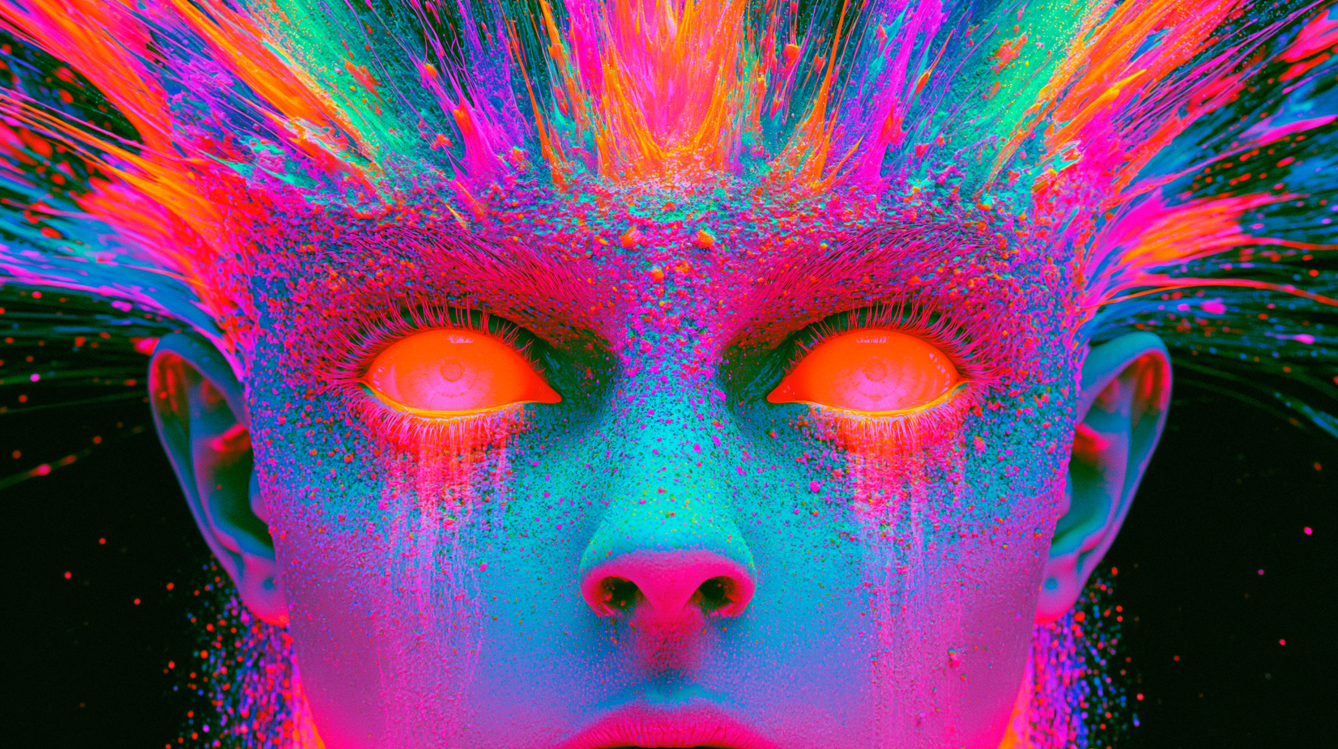 Neon psychedelic portrait of a glowing, paint-splattered face with blazing orange eyes and explosive multicolor hair — 2K Quad HD PC desktop wallpaper.