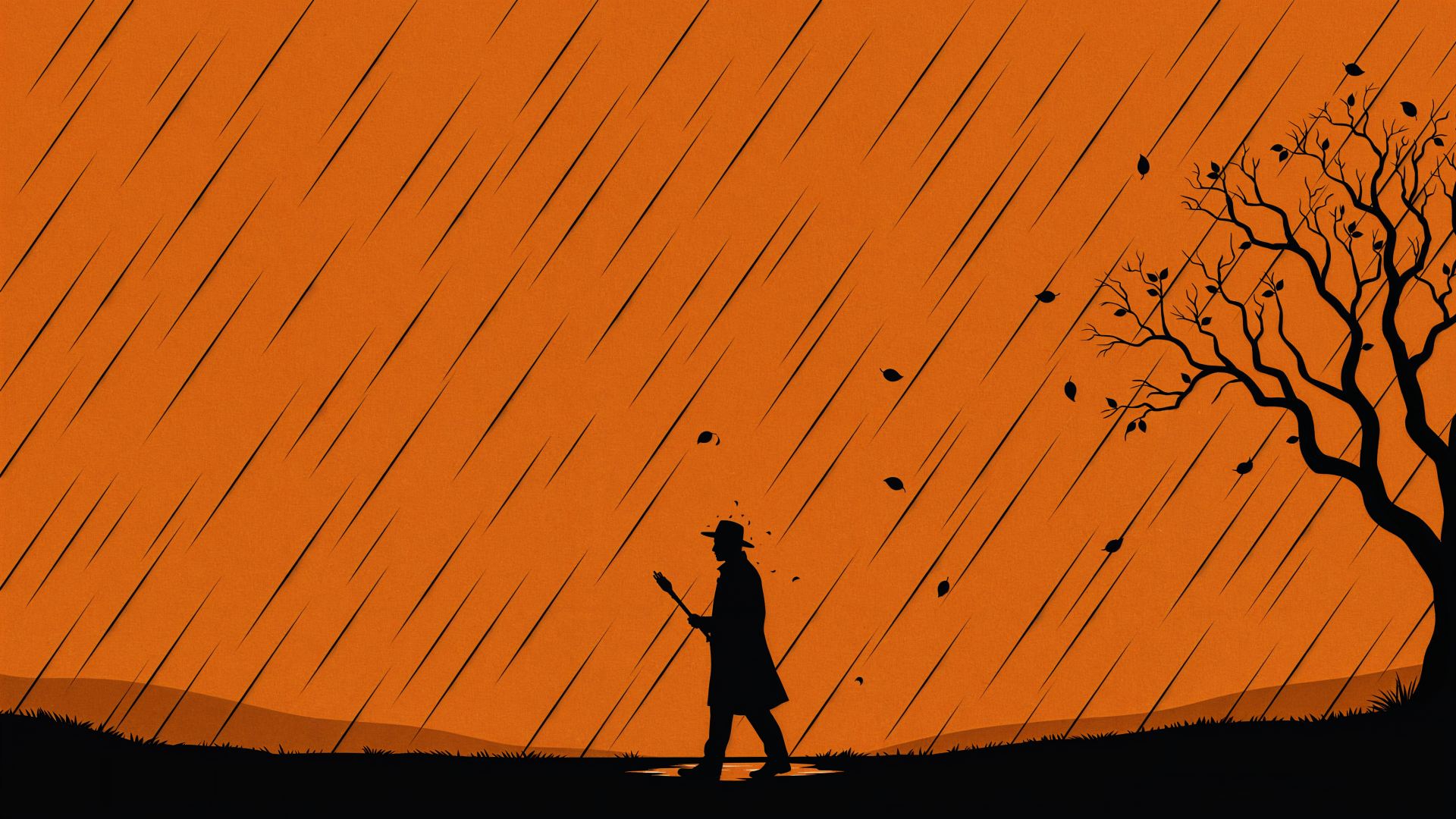 4K Ultra HD PC desktop wallpaper and background: a rainy fall silhouette of a lone figure walking beneath a bare tree as rain slants across an orange sky.