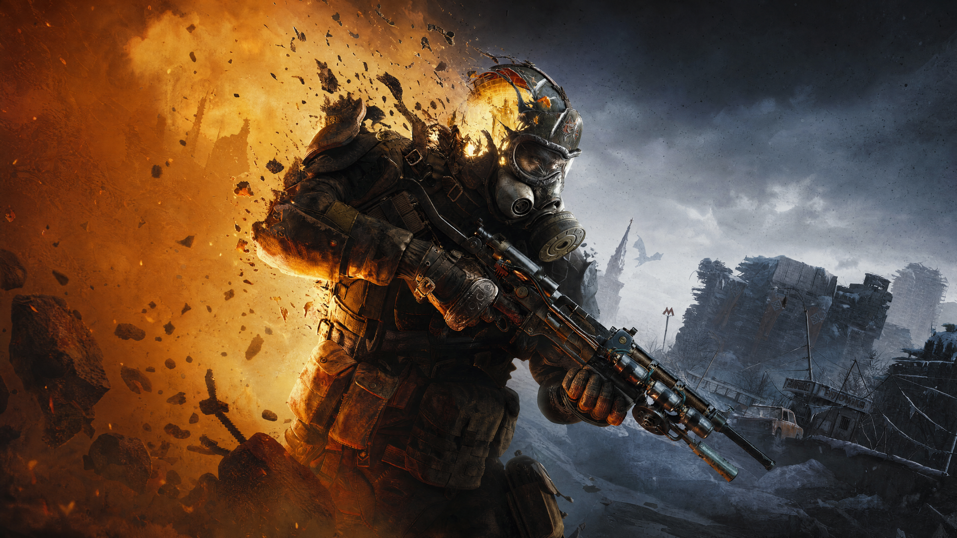 Metro 2039 4K Ultra HD PC desktop wallpaper: armored soldier in gas mask firing a rifle amid a fiery explosion, scorched cityscape under a dark, smoky sky.
