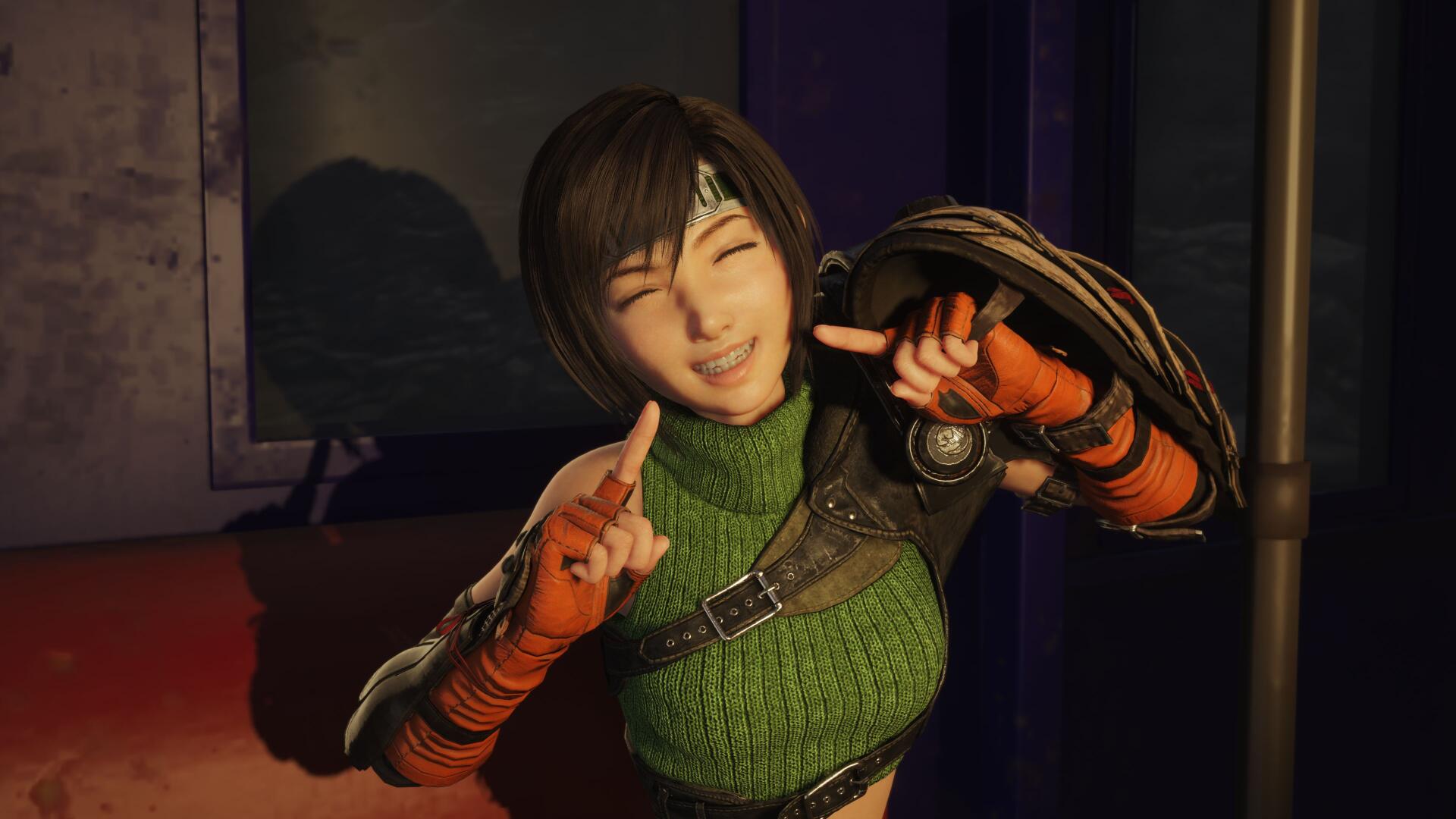 Yuffie Kisaragi from the Final Fantasy VII video game winks and points, wearing a green knit top and orange gloves — 4K Ultra HD PC wallpaper/background.