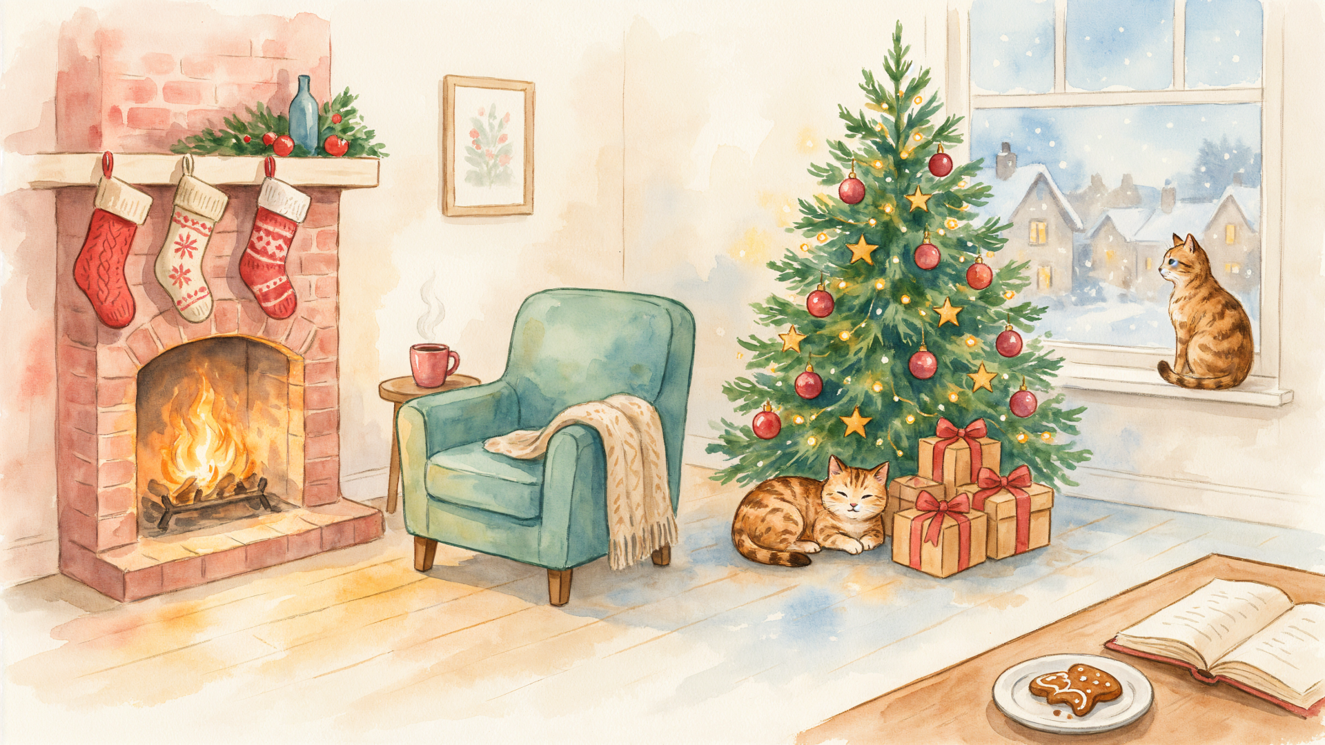 4K Ultra HD PC wallpaper — cozy Christmas living room with decorated tree, roaring fireplace with stockings, wrapped gifts, and three cats: curled by tree, on the windowsill, and asleep on the rug.
