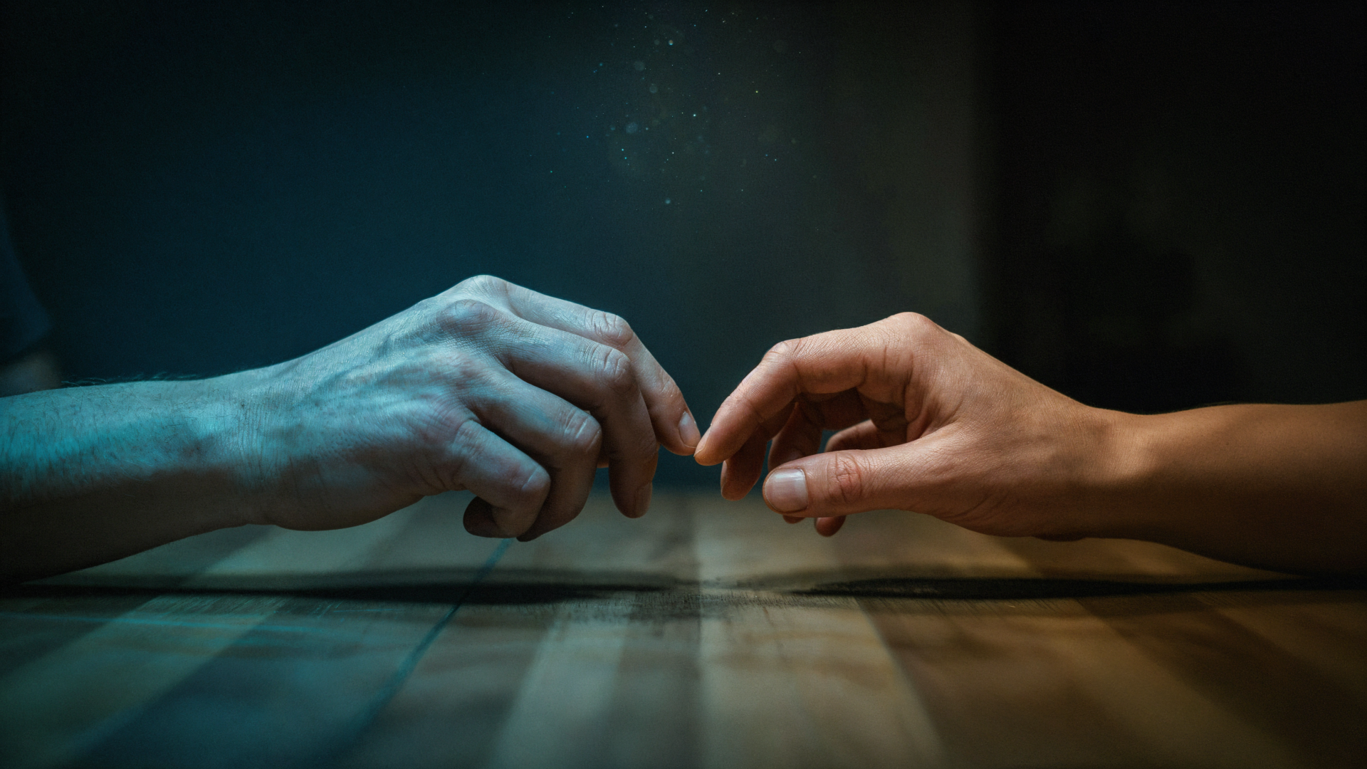 Moody 4K Ultra HD desktop wallpaper: close-up of two hands and fingers reaching for human touch, a quiet tactile connection bathed in blue-green light.