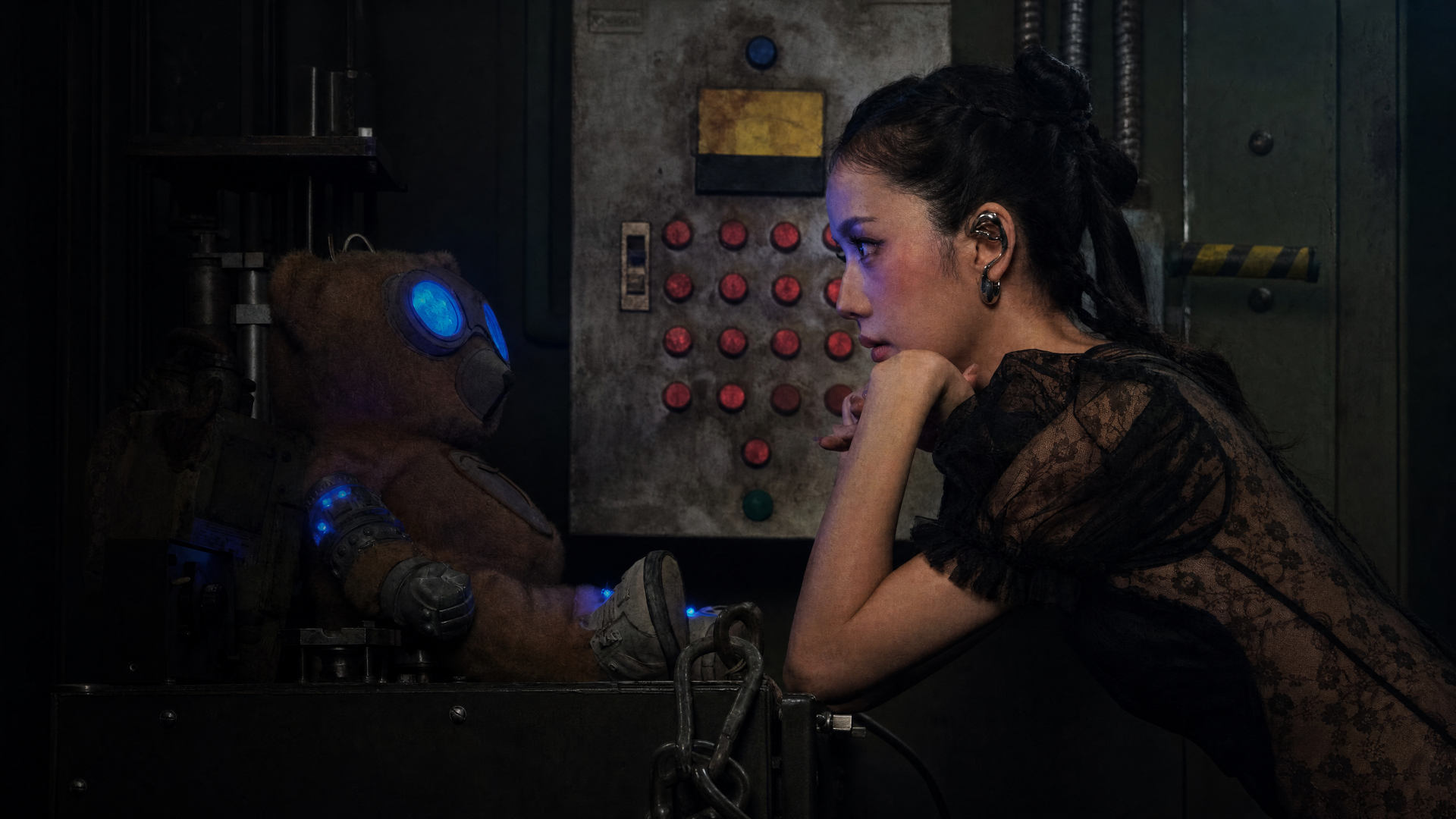 4K Ultra HD sci‑fi PC desktop wallpaper: a woman in lace leans on a control console, facing a small blue‑eyed robot amid industrial panels and glowing buttons — CLICK.