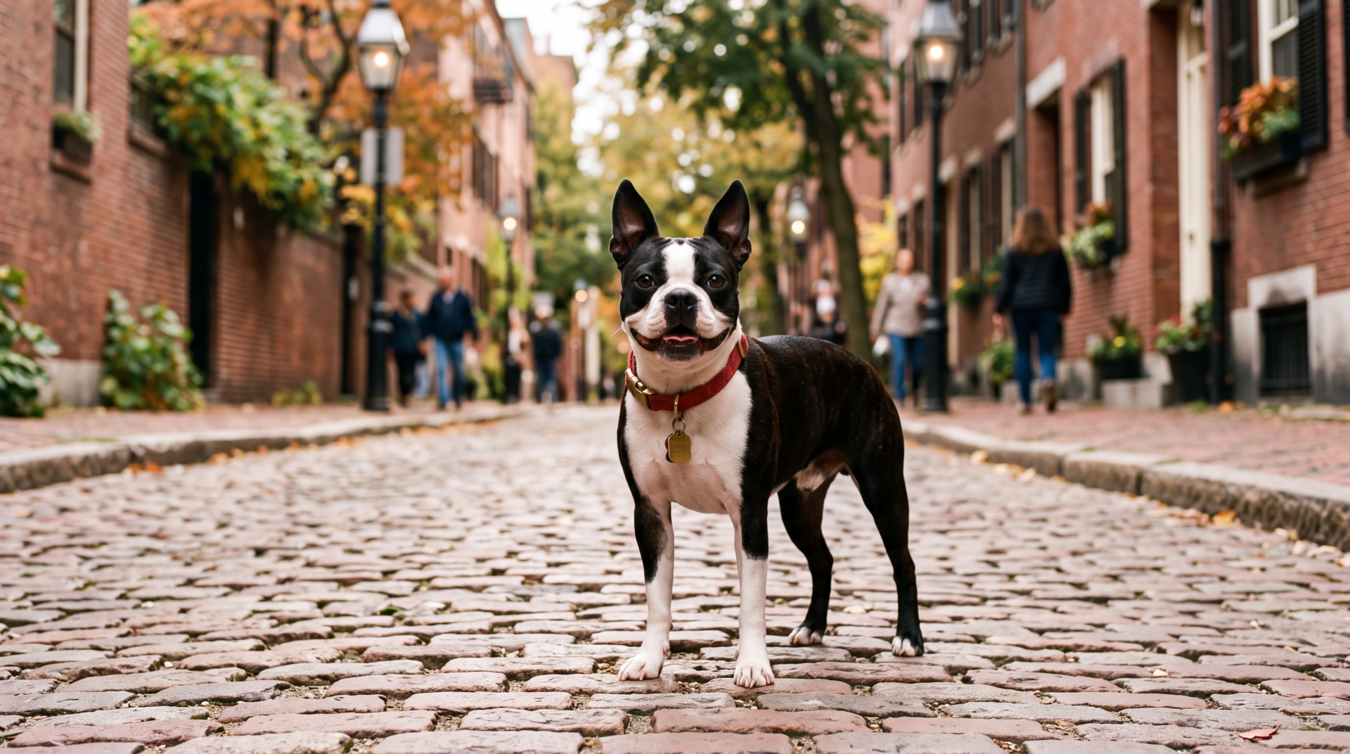 Boston Terrier dog on a cobblestone city street, vibrant 5K Ultra HD PC desktop wallpaper/background showcasing the pet in crisp detail.