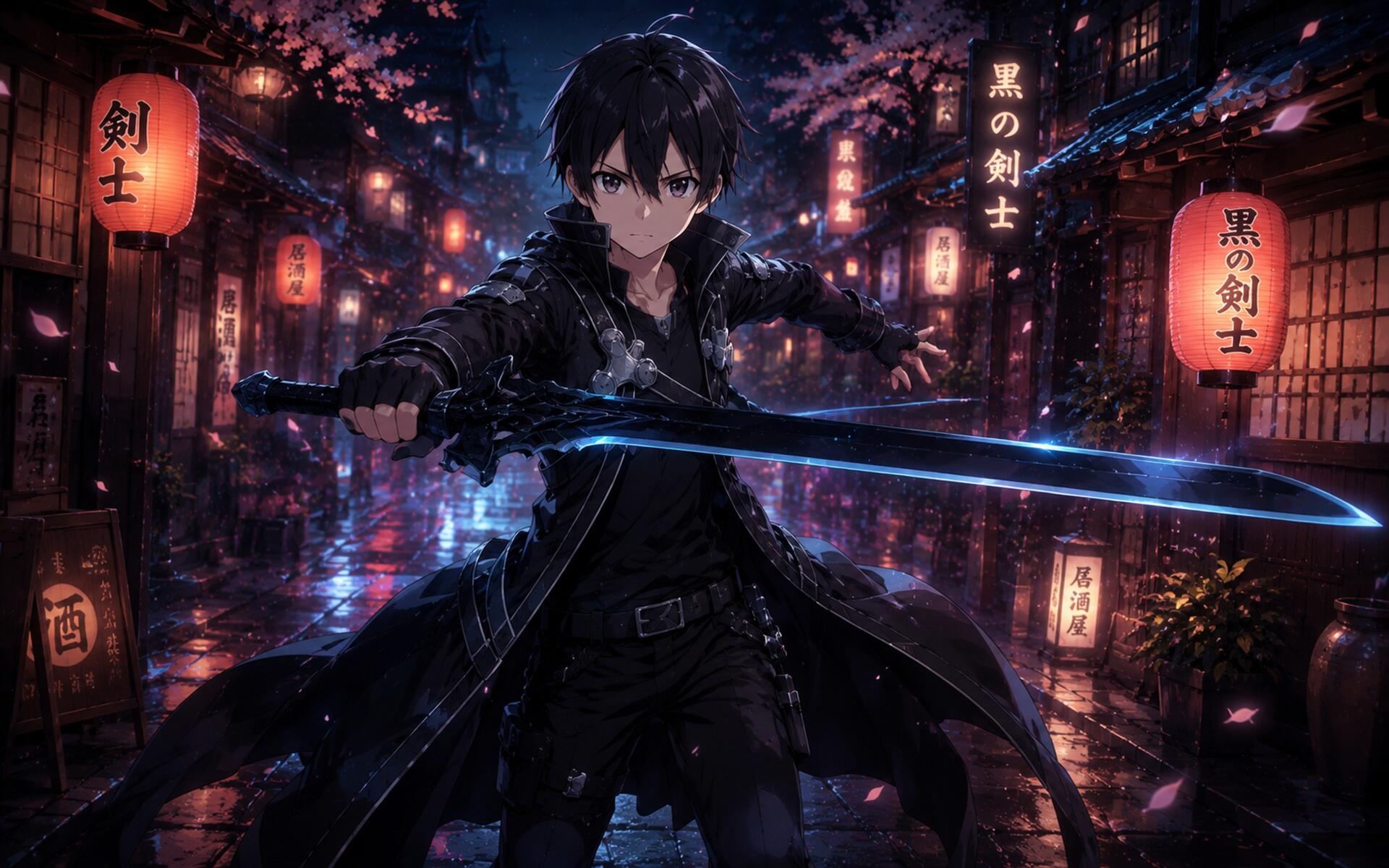 Kirito (Sword Art Online) anime 4K Ultra HD desktop wallpaper — Kirito in a black coat standing in a rain-soaked neon street, poised with a glowing blue sword.