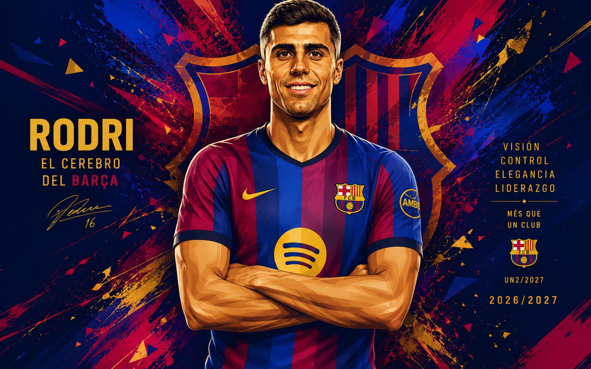4K Ultra HD PC desktop wallpaper of a soccer player in an FC Barcelona kit, arms crossed against a vivid, stylized club crest — dynamic, colorful sports-themed illustration.