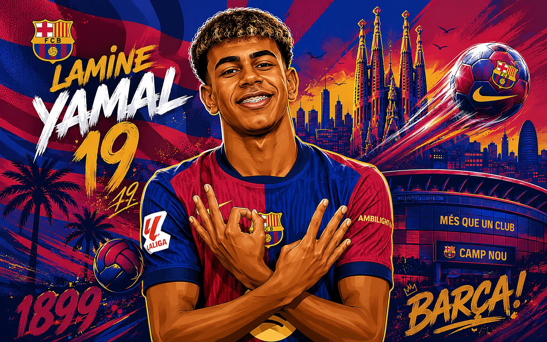 4K Ultra HD PC desktop wallpaper of an FC Barcelona soccer player in club kit celebrating, vibrant red-blue background with Camp Nou skyline and club crest — dynamic sports image.