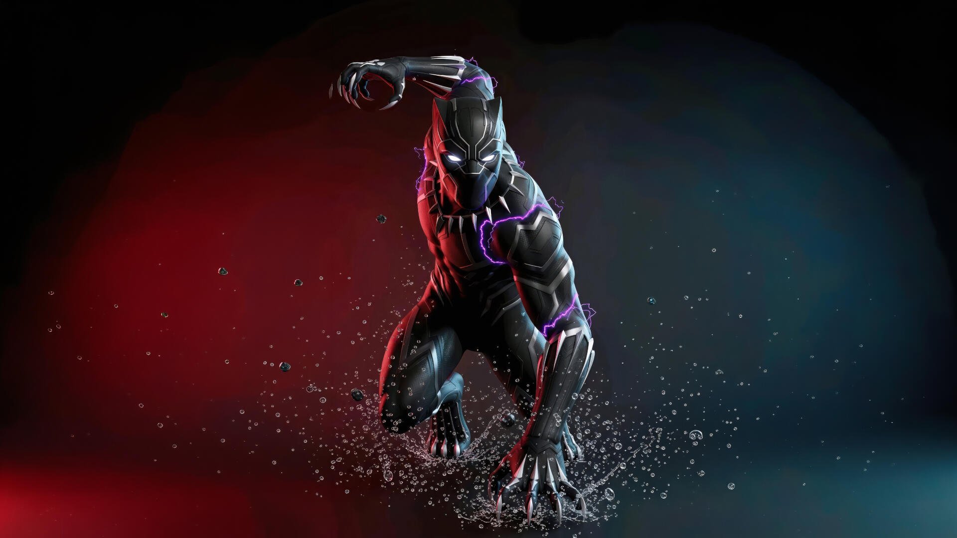 Black Panther (Marvel Comics) digital art: crouching hero rising from splashing water, purple suit accents against red-blue gradient — 5K Ultra HD PC desktop wallpaper/background.