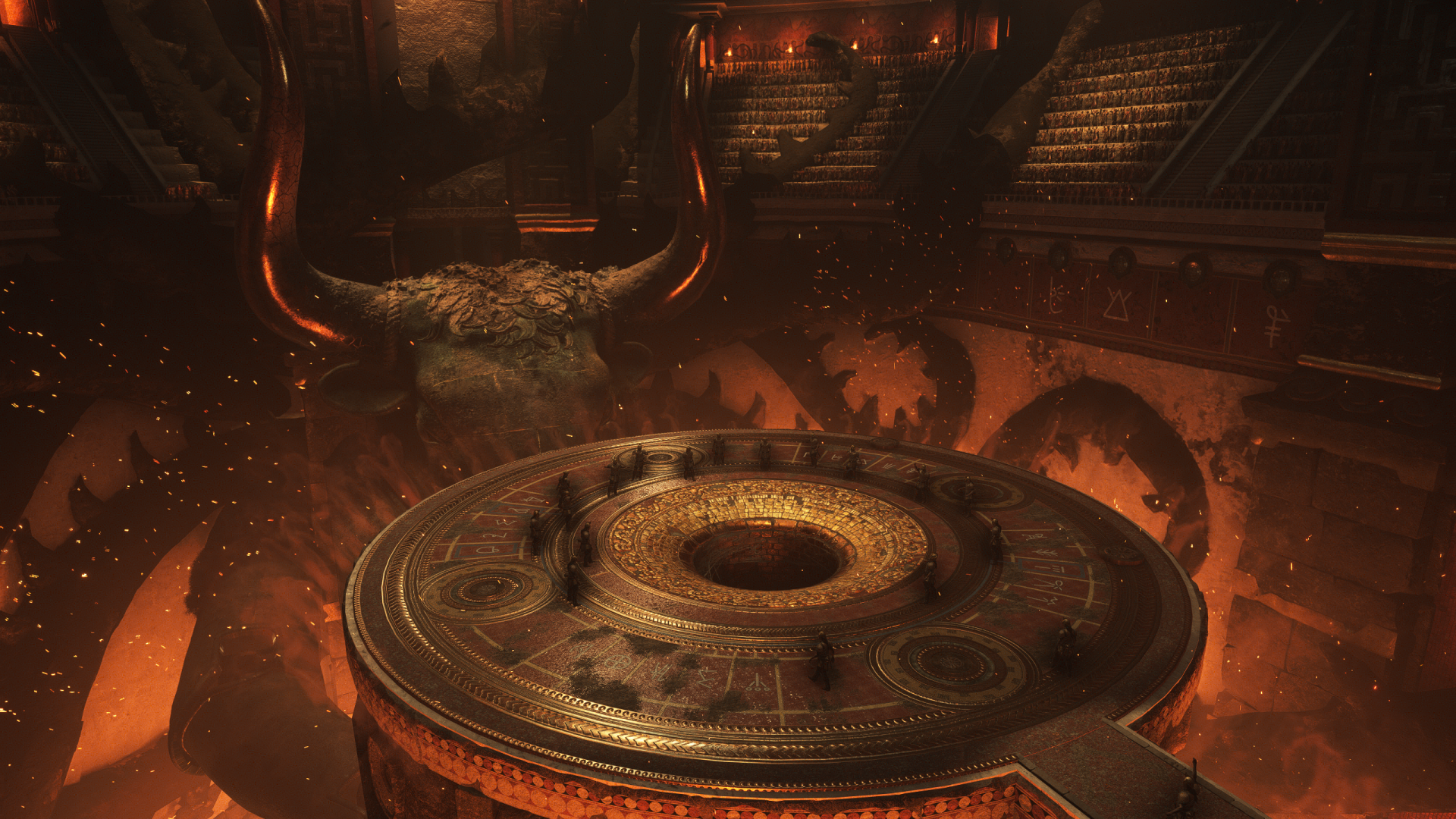 Resonance: A Plague Tale Legacy 2K Quad HD PC wallpaper — ominous molten-lit arena with a giant circular mechanical platform, spinning gears and a looming horned statue.