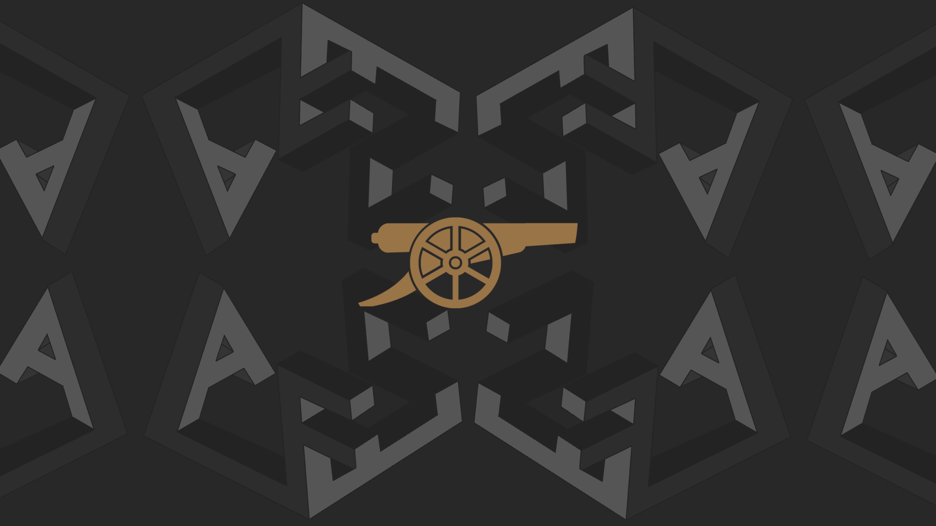 2K Quad HD PC wallpaper showing Arsenal F.C. golden cannon logo centered against a dark geometric charcoal background.