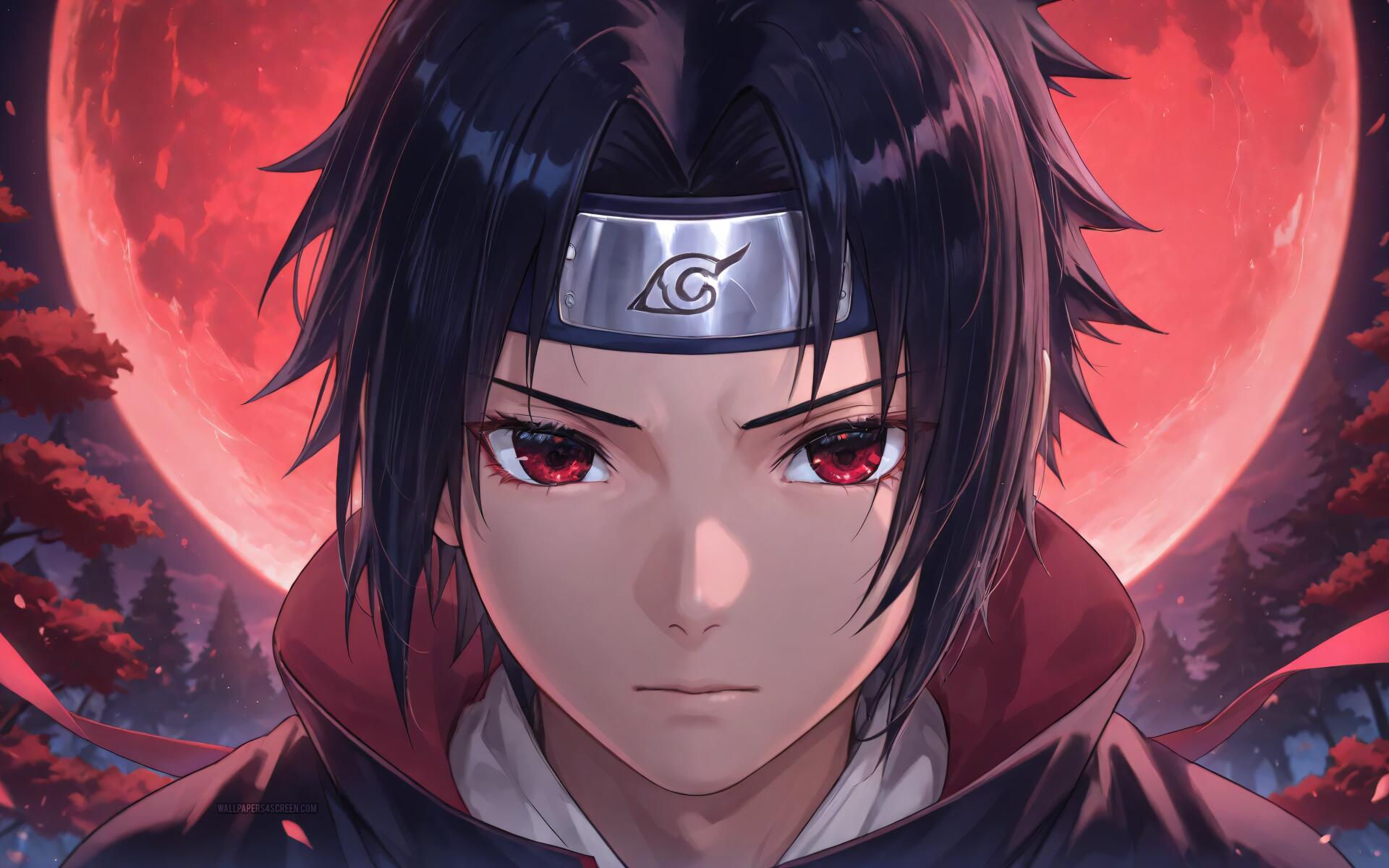 Sasuke Uchiha (Naruto) close-up, red Sharingan eyes, Leaf headband, hooded cloak before a crimson full moon — 4K Ultra HD PC desktop wallpaper.