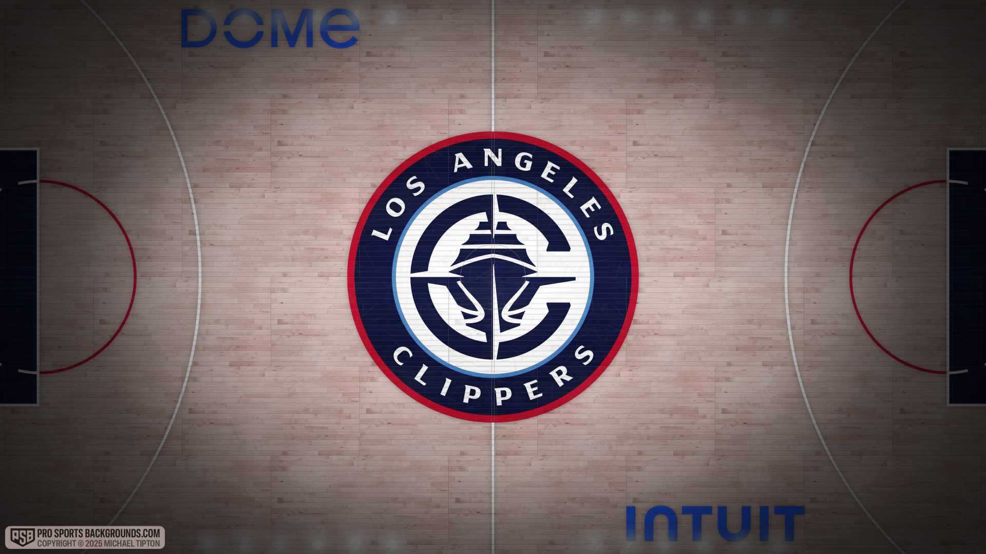 Center-court Los Angeles Clippers logo on hardwood basketball court — NBA 4K Ultra HD PC desktop wallpaper/background.