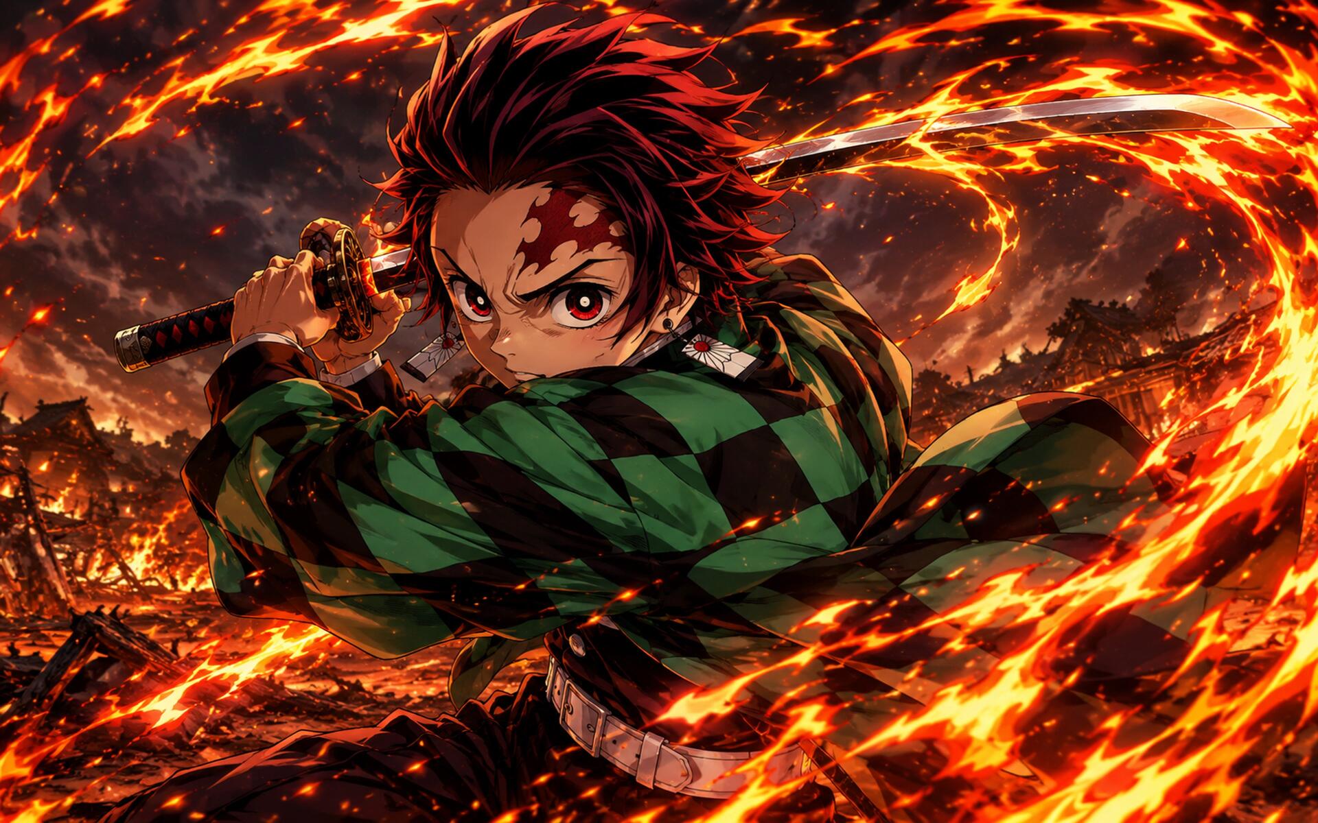 Tanjiro Kamado lunges with his sword through swirling flames, dramatic 4K Ultra HD anime PC desktop wallpaper and background.