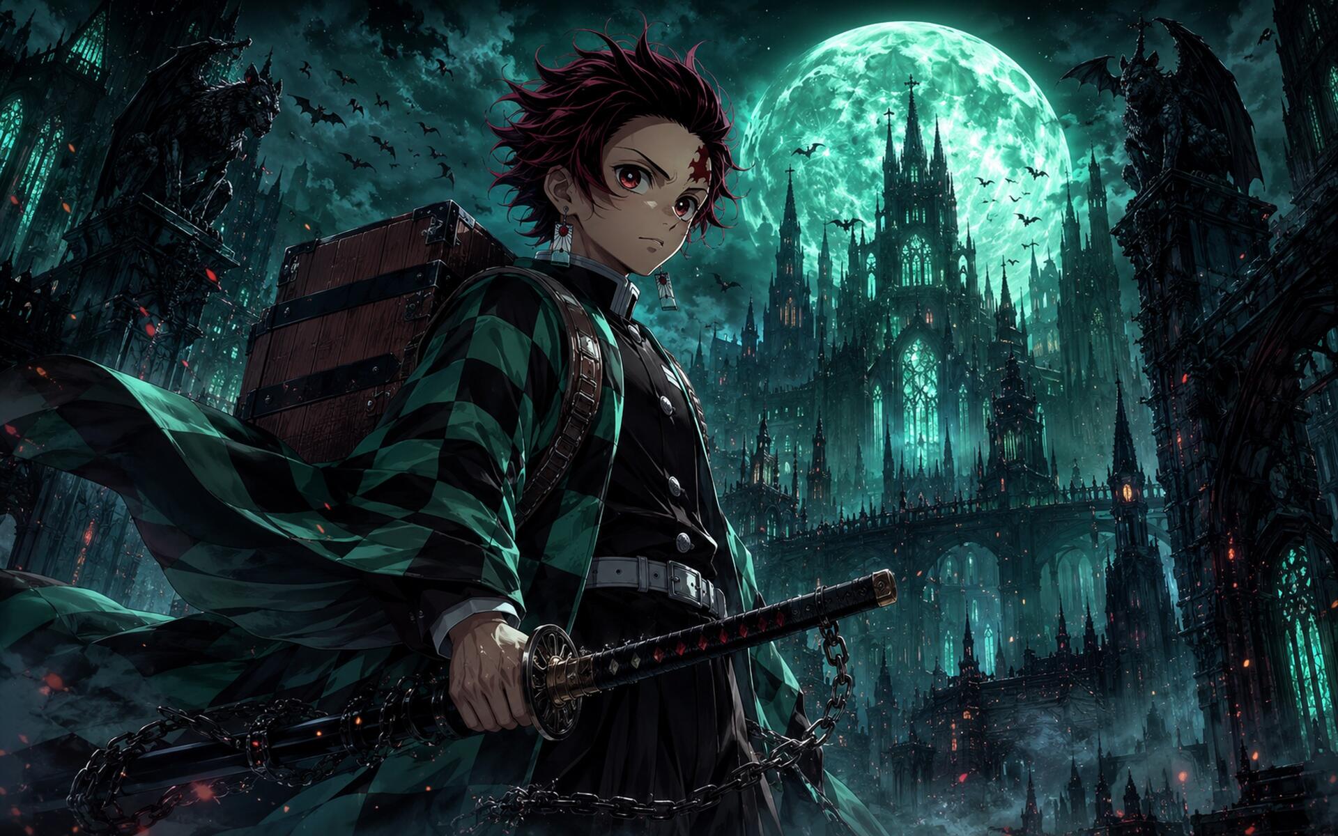 Tanjiro Kamado in a green checkered haori brandishes his sword before a glowing full moon and Gothic castle — dramatic 4K Ultra HD anime PC desktop wallpaper and background.