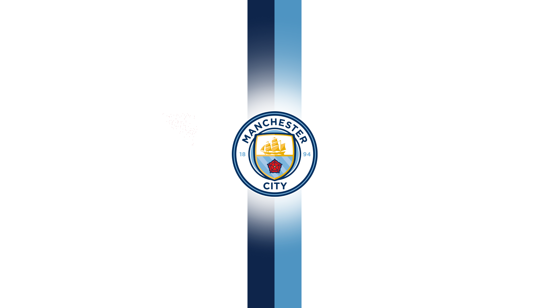 2K Quad HD PC desktop wallpaper: Manchester City F.C. circular logo centered on a vertical navy-to-sky blue gradient stripe against a white background.