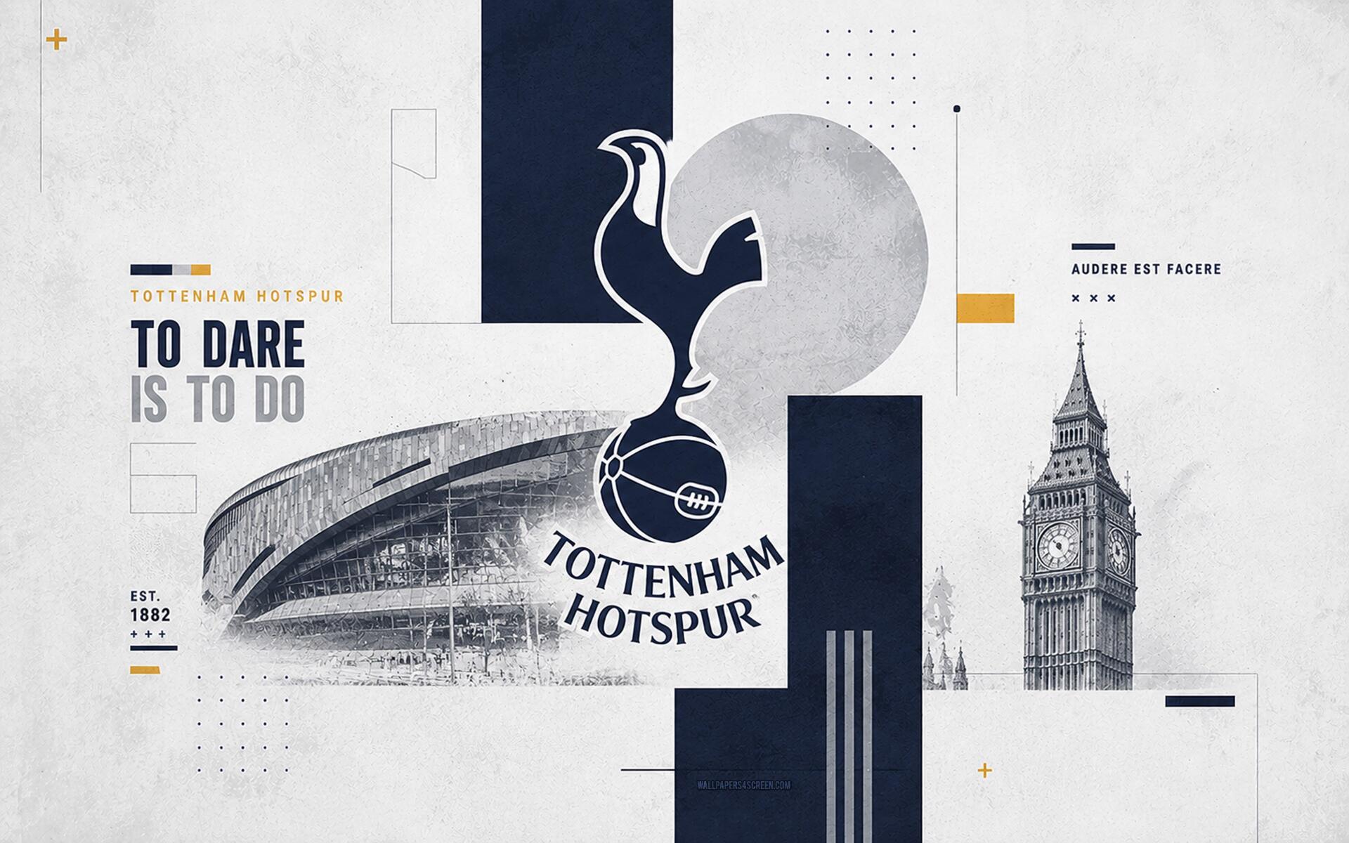 4K Ultra HD desktop wallpaper featuring Tottenham Hotspur F.C. cockerel logo above a stylized stadium and Big Ben sketch in navy, gray and white.