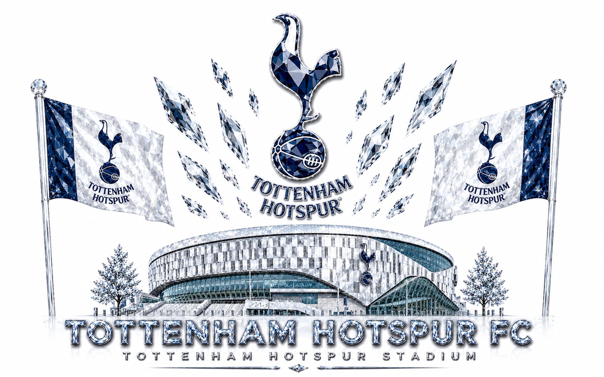 4K Ultra HD PC desktop wallpaper and background featuring Tottenham Hotspur F.C. logo above a stylized stadium, club flags, and the Tottenham Hotspur FC wordmark.