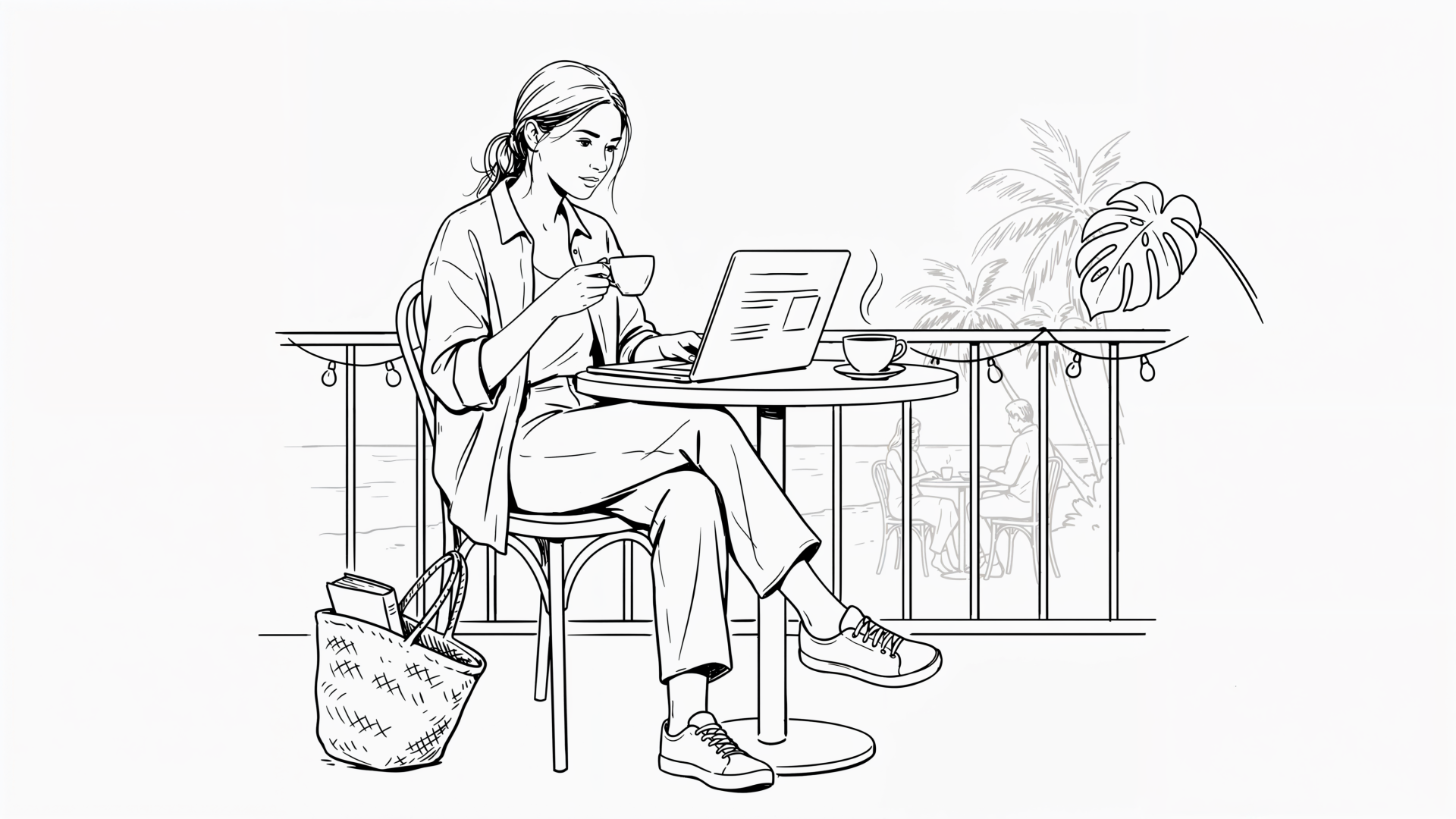 Line-art 4K Ultra HD PC Desktop Wallpaper and Background of a digital nomad: woman sipping coffee while working on a laptop at a balcony café, tote bag and plants.