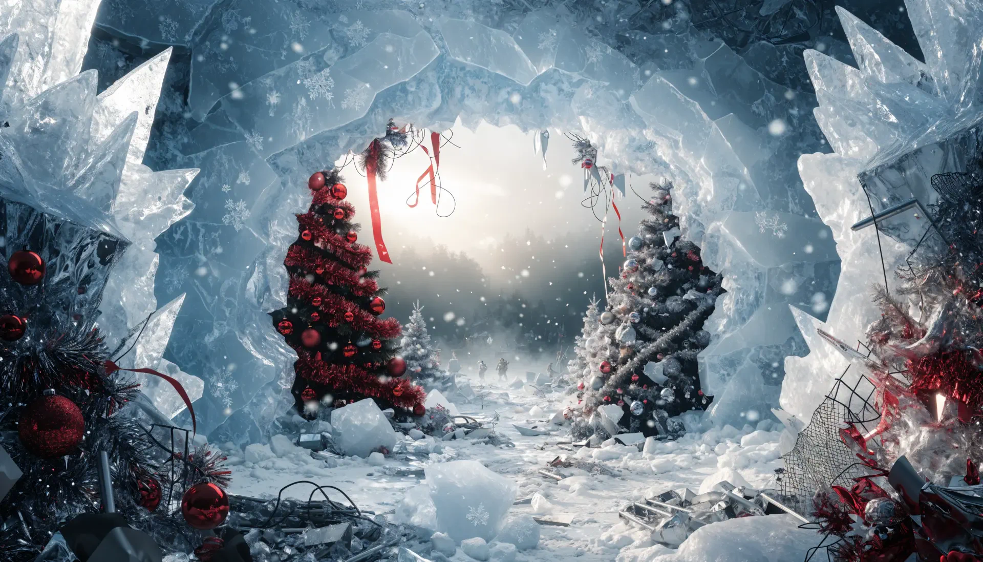 4K Ultra HD PC desktop wallpaper: snowy winter Christmas landscape inside an ice cave, two decorated Christmas trees framed by crystalline walls, twinkling lights and falling snow.