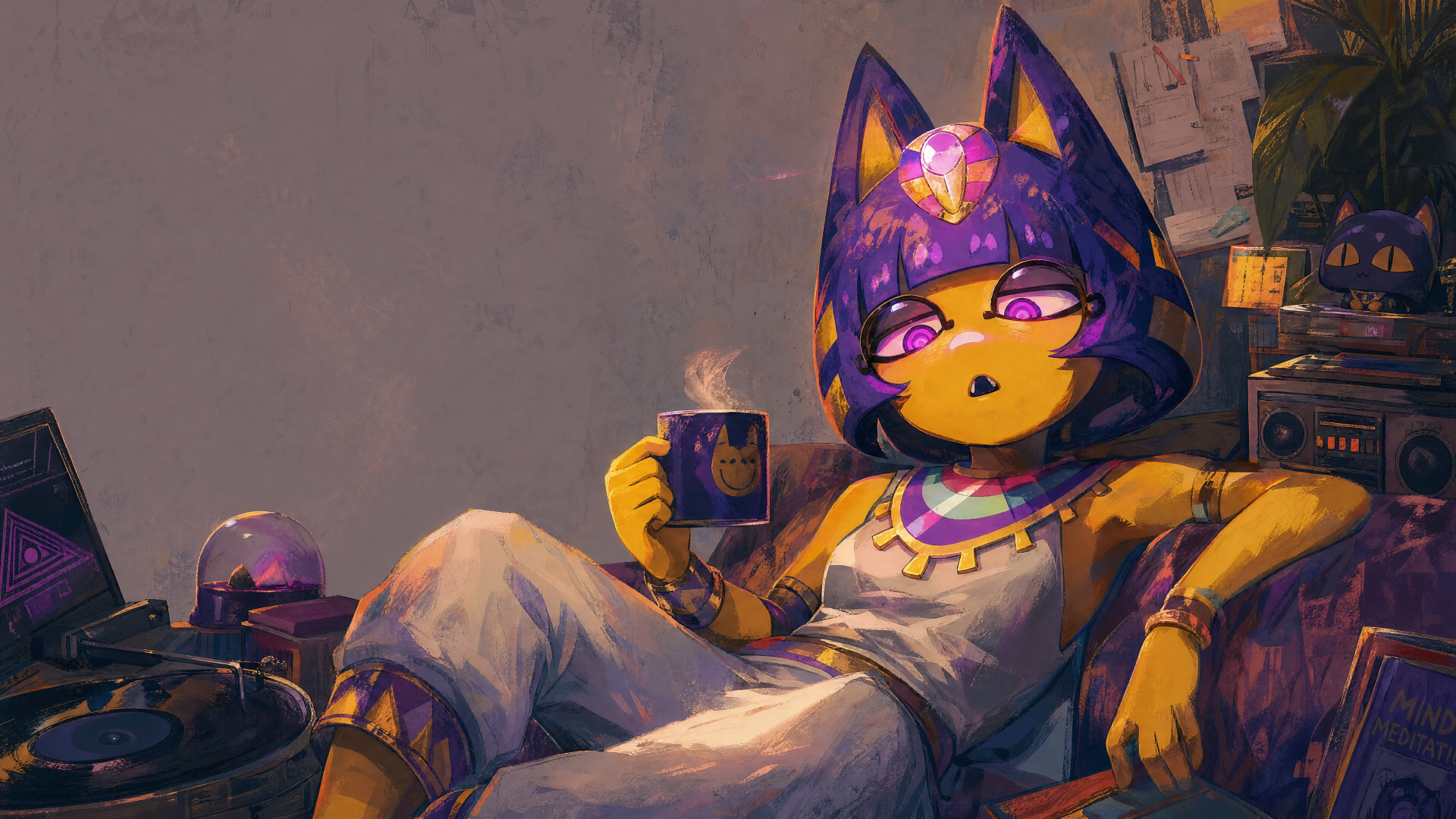 4K Ultra HD PC desktop wallpaper/background: Ankha the cat lounges in a neon-lit room wearing a hood, holding a steaming mug.