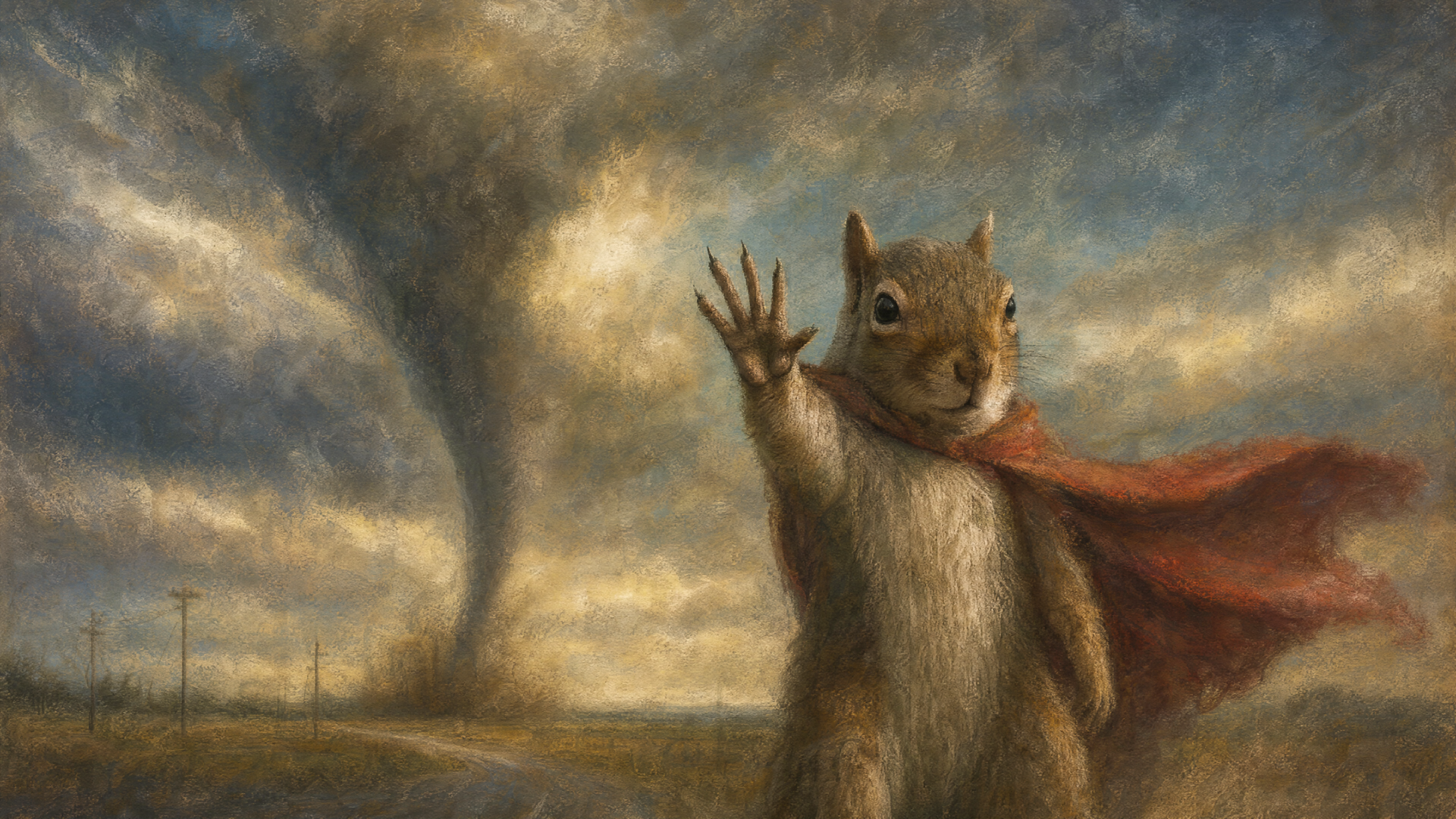 Tornado Squirrel: heroic squirrel in a red cape waves as a tornado churns under a stormy sky — 4K Ultra HD PC desktop wallpaper and background.