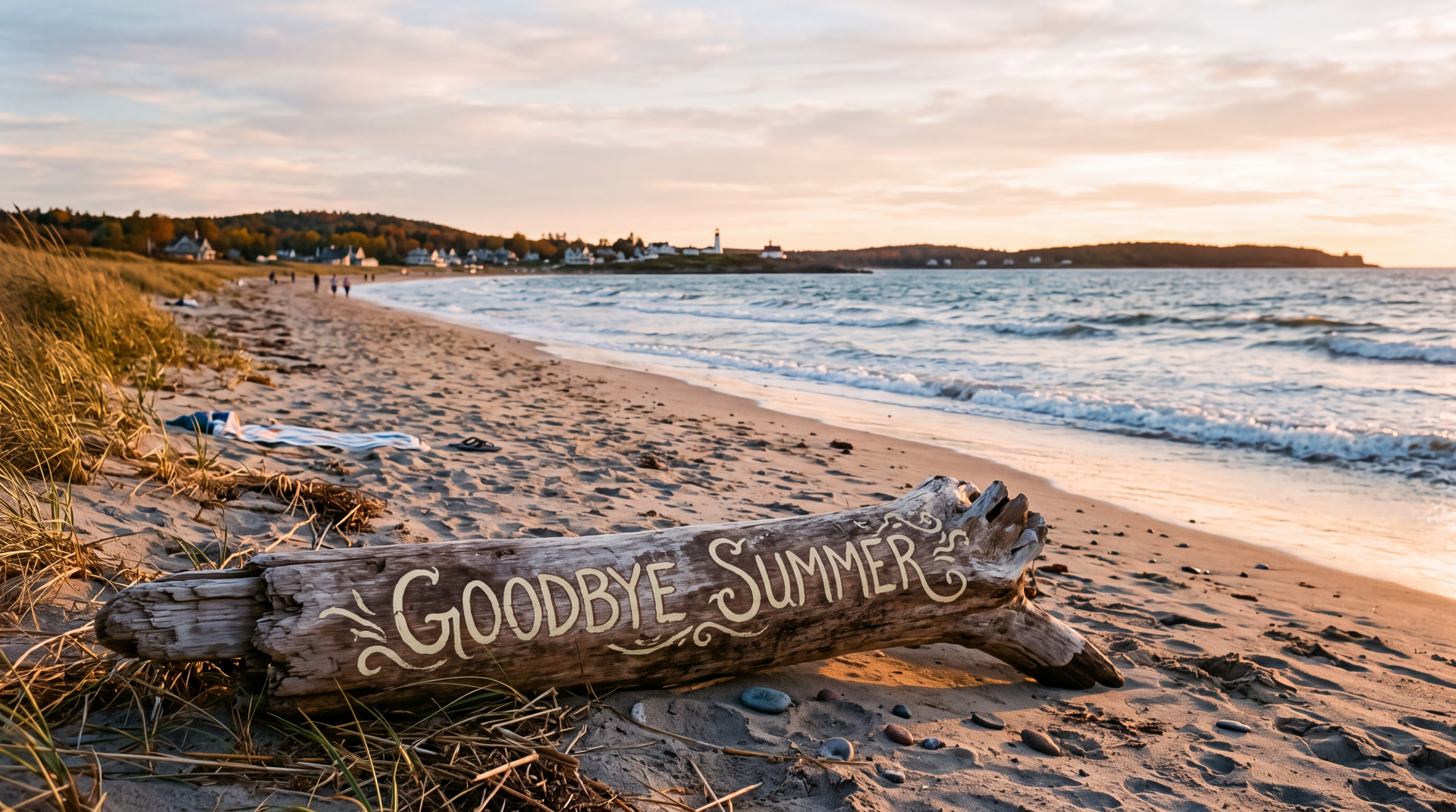 5K Ultra HD PC desktop wallpaper: sandy beach at sunset with driftwood log painted Goodbye Summer resting near the shoreline as gentle waves lap the shore.