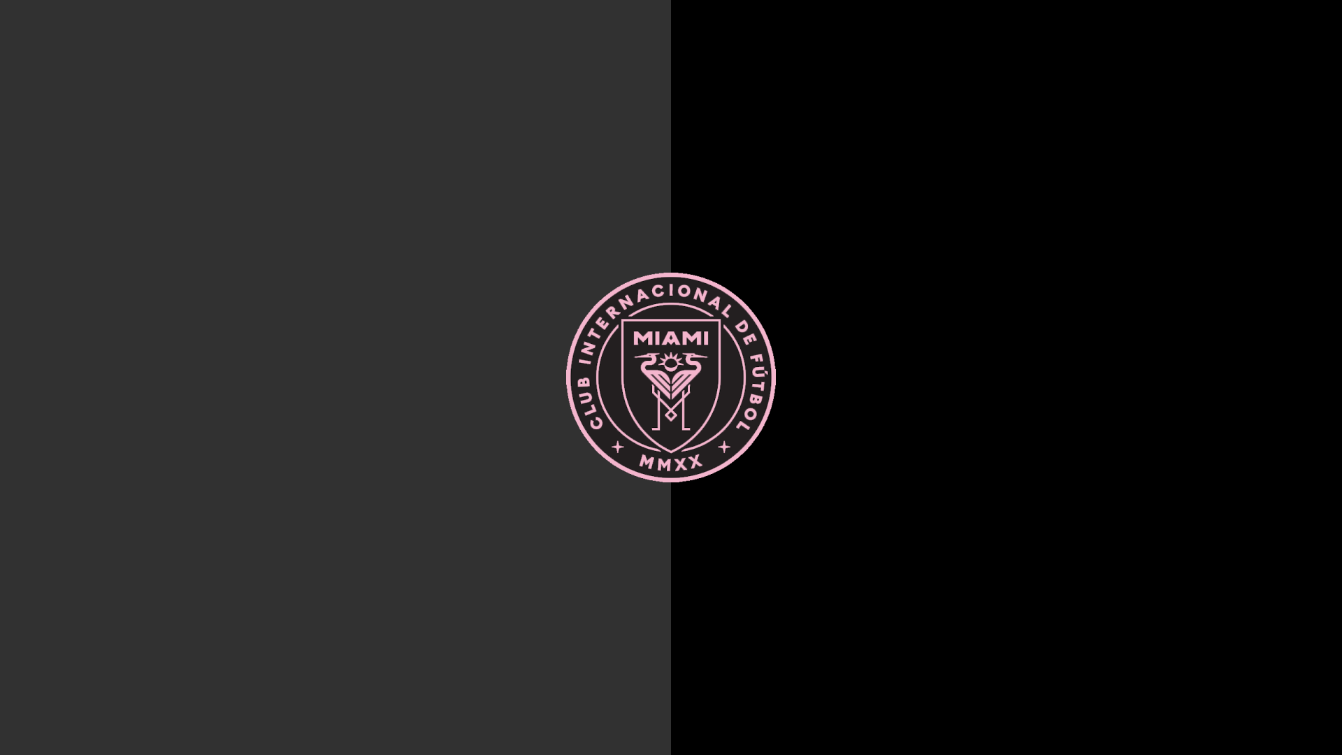 Inter Miami CF logo centered on a split dark-gray and black background — minimalist 2K Quad HD PC desktop wallpaper/background.