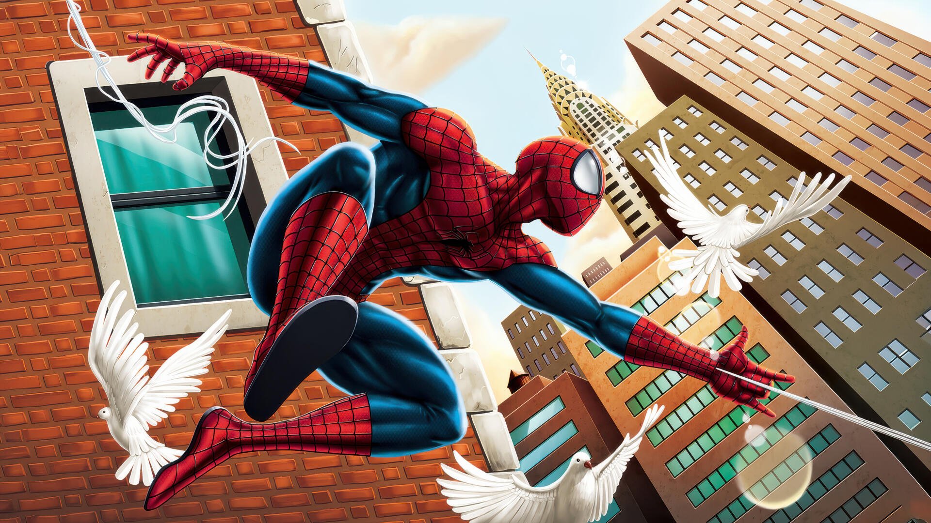 Vibrant digital art 4K Ultra HD PC wallpaper of Spider-Man leaping between city buildings, web-line extended, white doves swirling amid towering skyscrapers.
