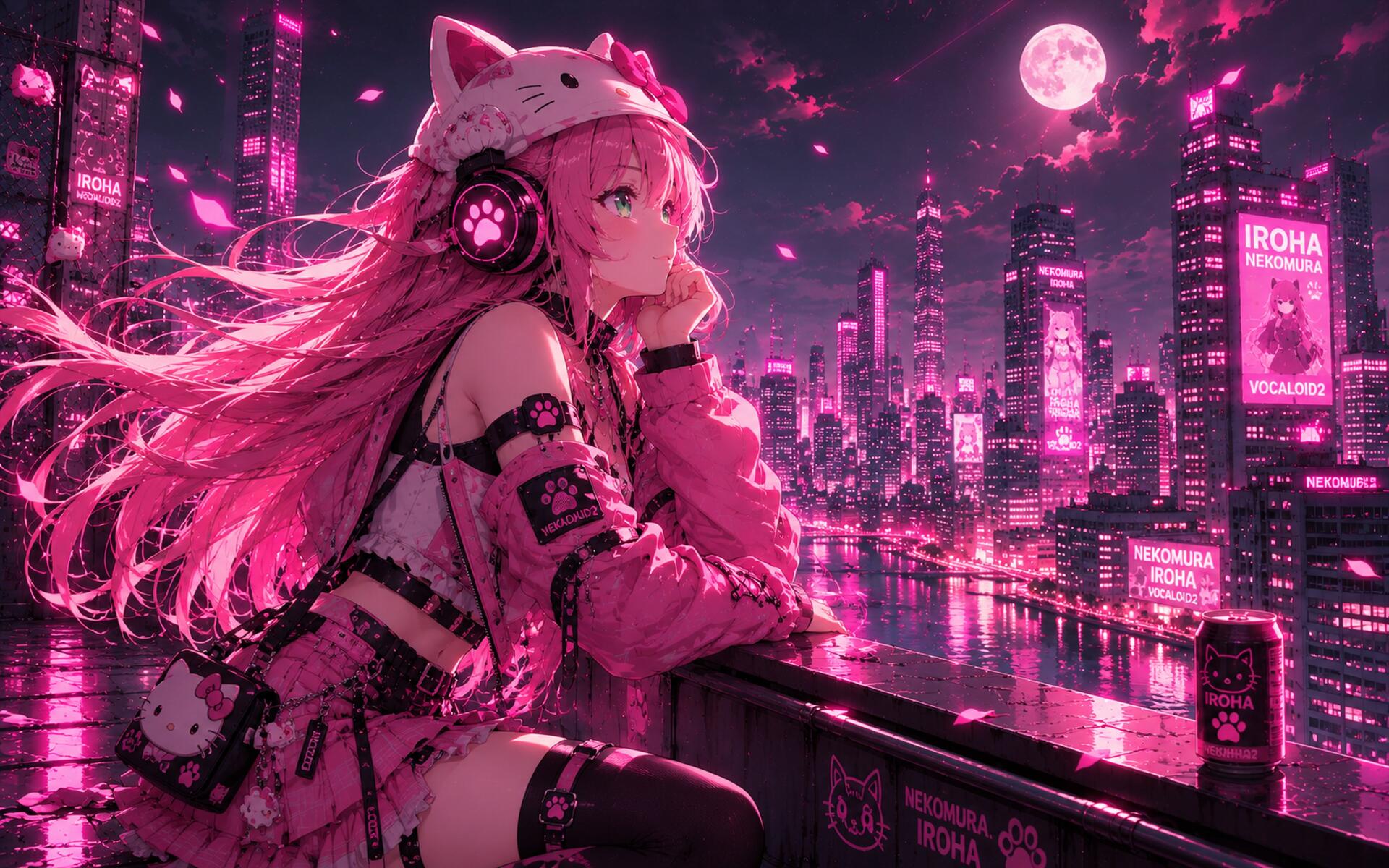 Nekomura Iroha (anime) in a pink cyberpunk nightscape, neon skyline and full moon — detailed 4K Ultra HD PC desktop wallpaper/background of the cat-eared idol on a balcony.