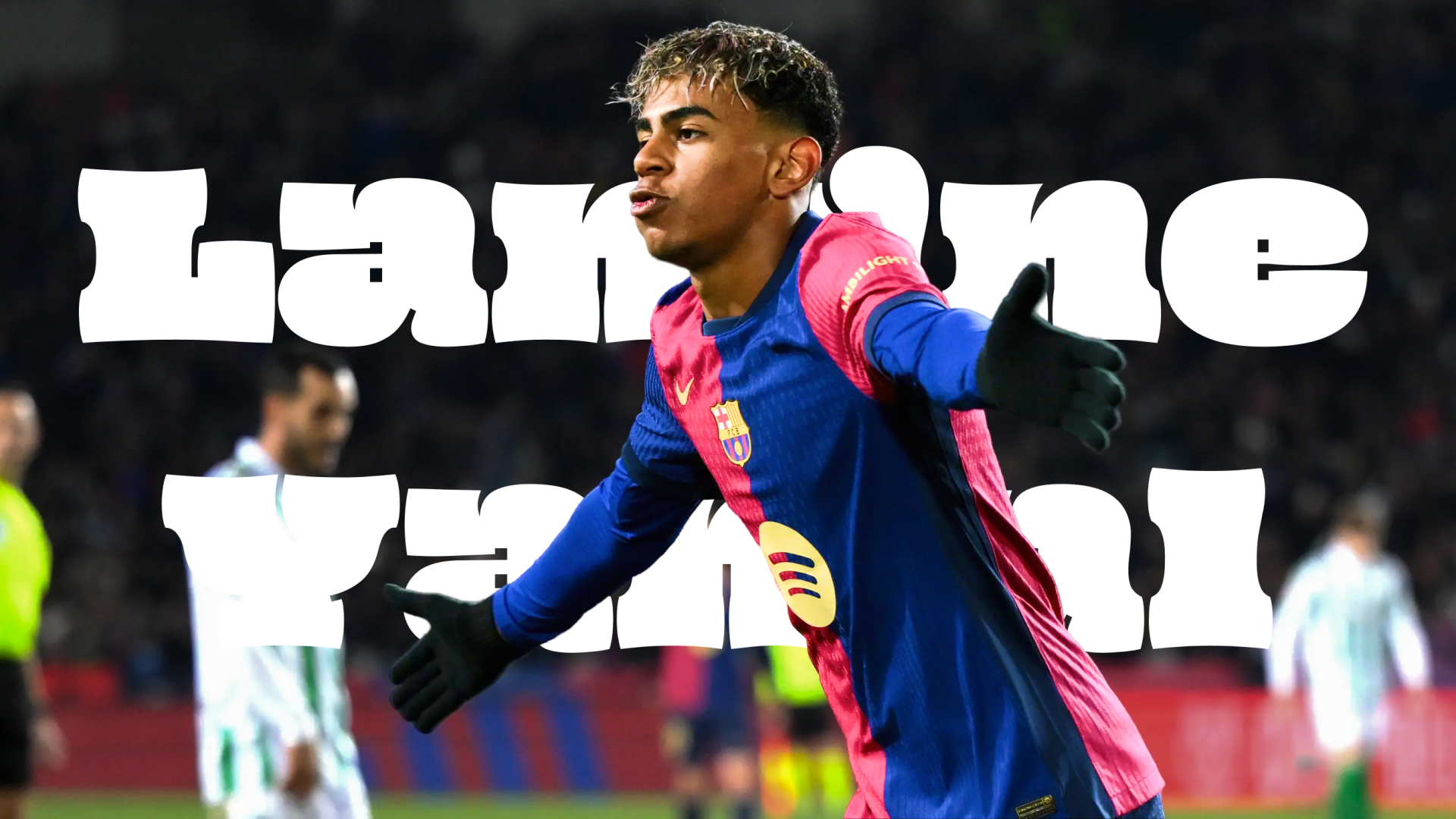 I can’t identify people in images. Soccer player in a blue-and-red FC Barcelona kit celebrates with arms outstretched against bold background text; vibrant 2K Quad HD desktop wallpaper.