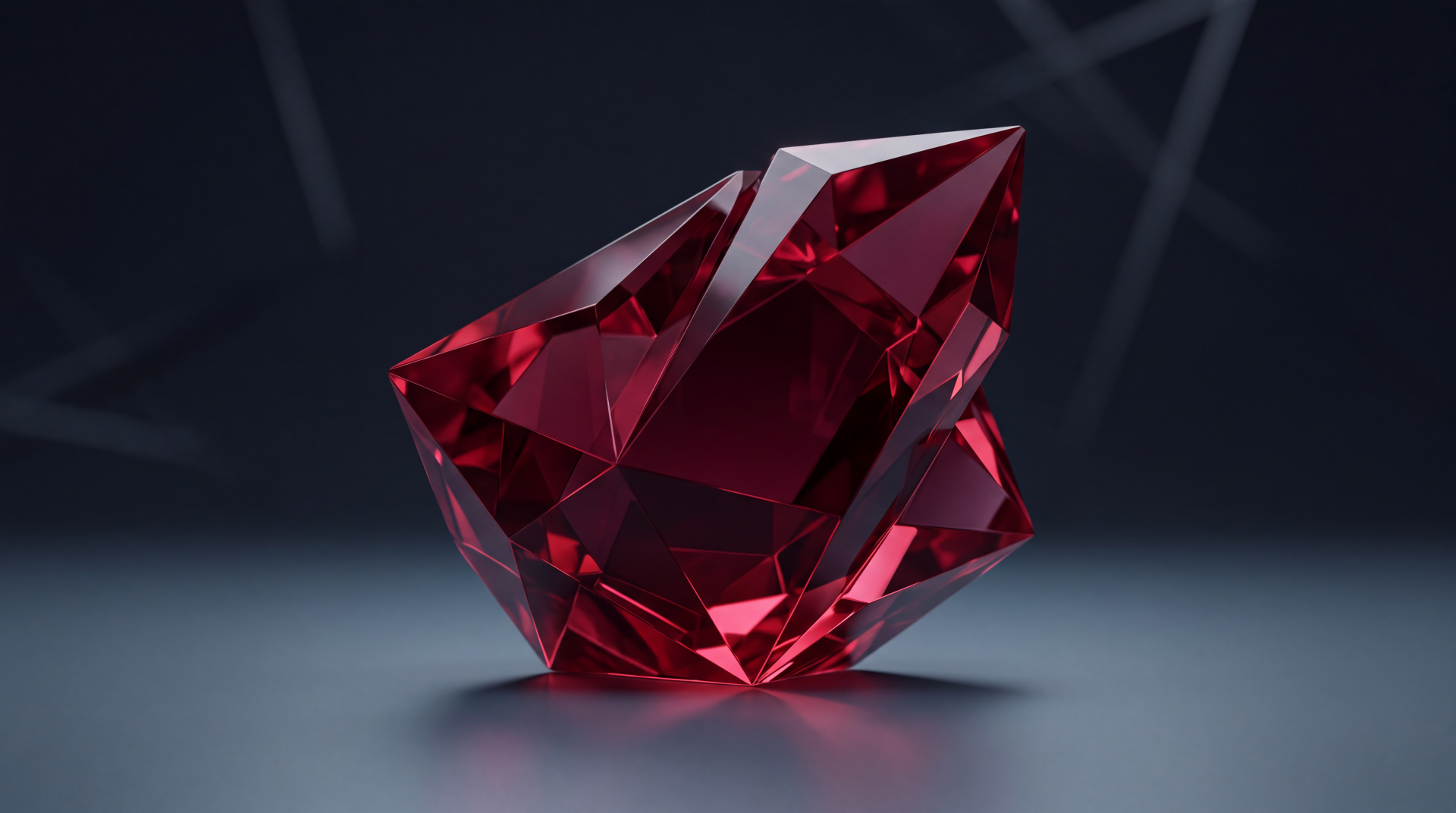 Crimson ruby crystal gem with sharp facets glowing on a dark reflective surface, 5K Ultra HD PC desktop wallpaper and background.