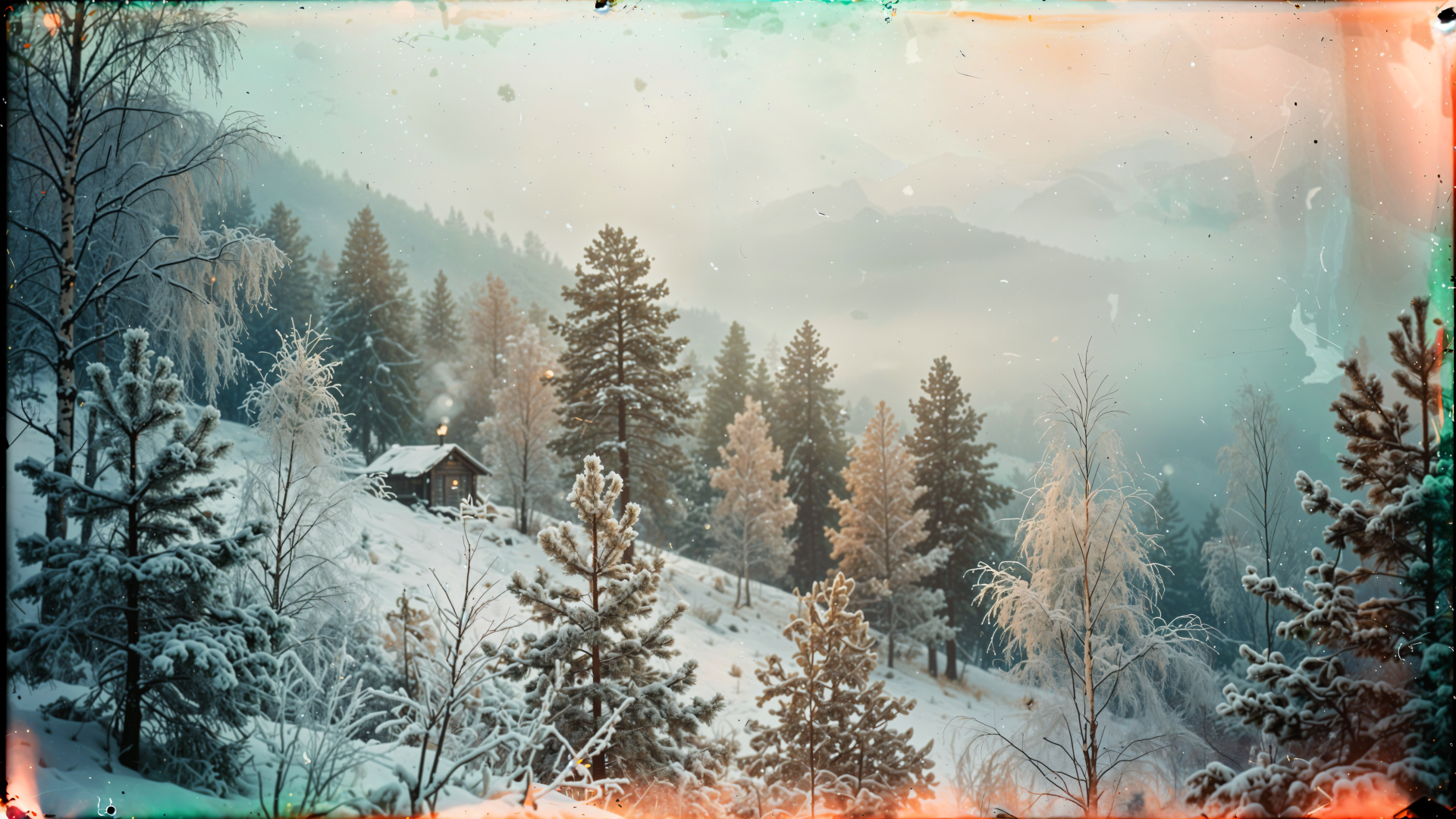 Aesthetic winter 4K Ultra HD PC desktop wallpaper: snow-covered forest with frosted trees on a misty mountainside and a small cabin.