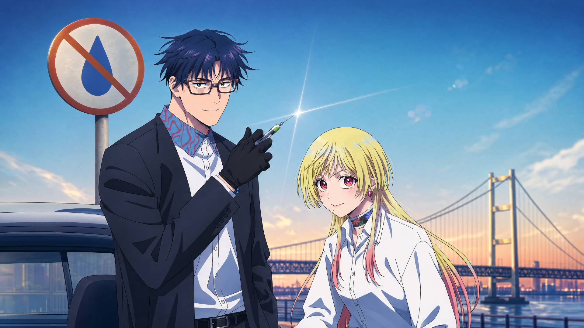 4K Ultra HD PC desktop wallpaper: Marriagetoxin anime — a dark-suited, bespectacled man and a blonde woman posing on a sunset bridge.