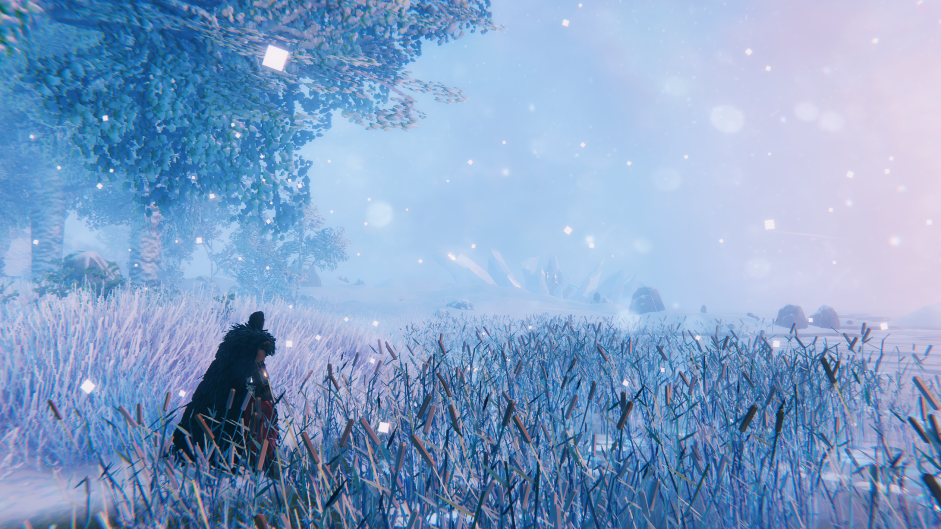 Valheim HD PC desktop wallpaper: lone silhouetted figure in a foggy frost-covered field with distant trees, soft snowfall and a muted pastel sky.