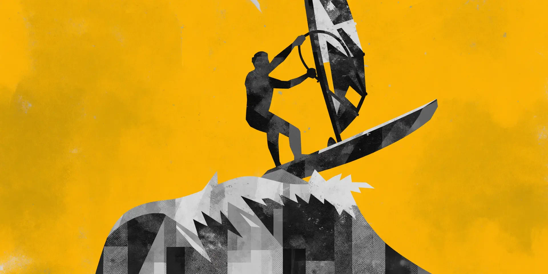 Silhouetted windsurfer catching air above a stylized wave against a bold yellow backdrop — 2K Quad HD PC desktop wallpaper/background, tagged windsurfing, surfer.
