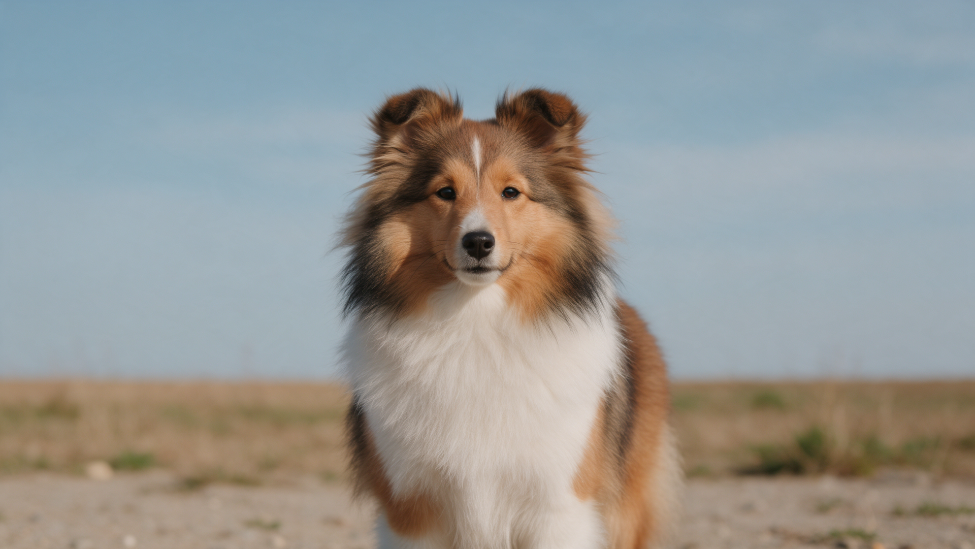 Shetland sheepdog (dog) standing on a sandy plain under a clear blue sky — 2K Quad HD PC desktop wallpaper and background.
