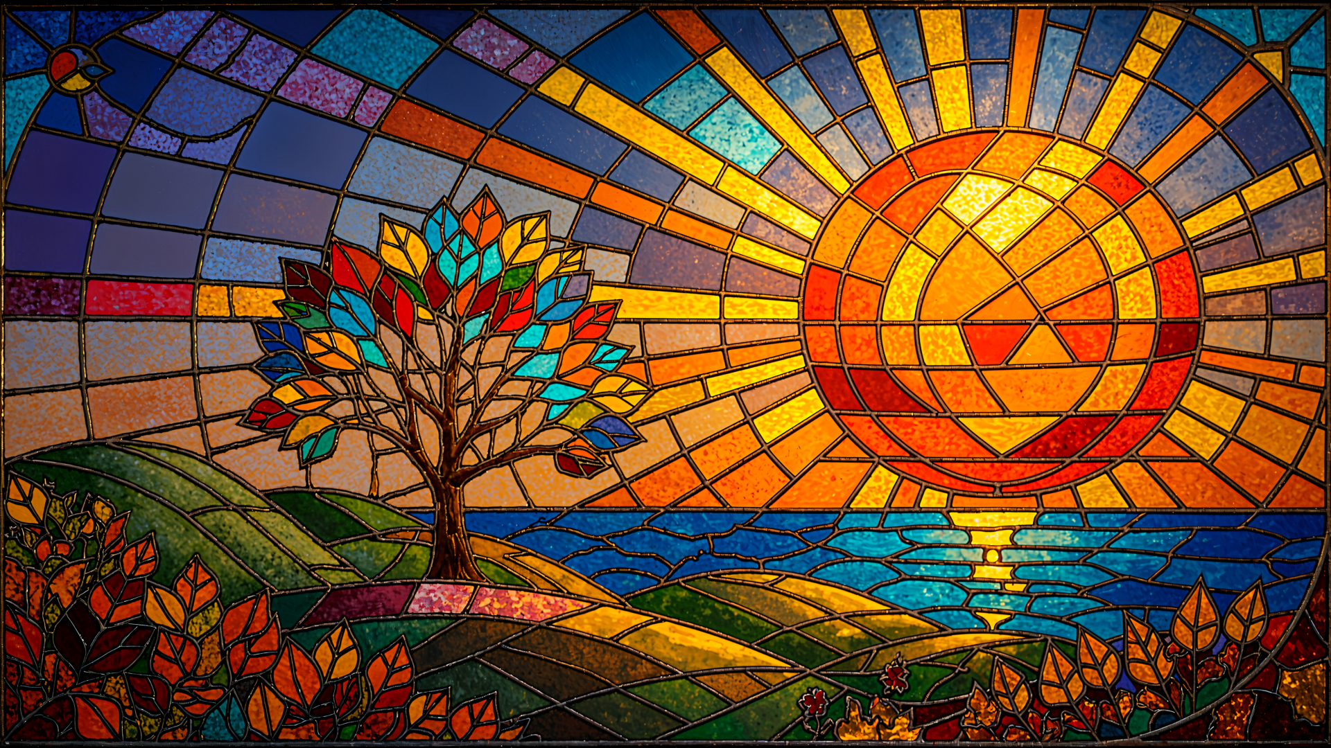 Goodbye Summer stained-glass 4K Ultra HD PC desktop wallpaper: mosaic sun setting over the ocean, colorful tree on rolling hills with shimmering rays.