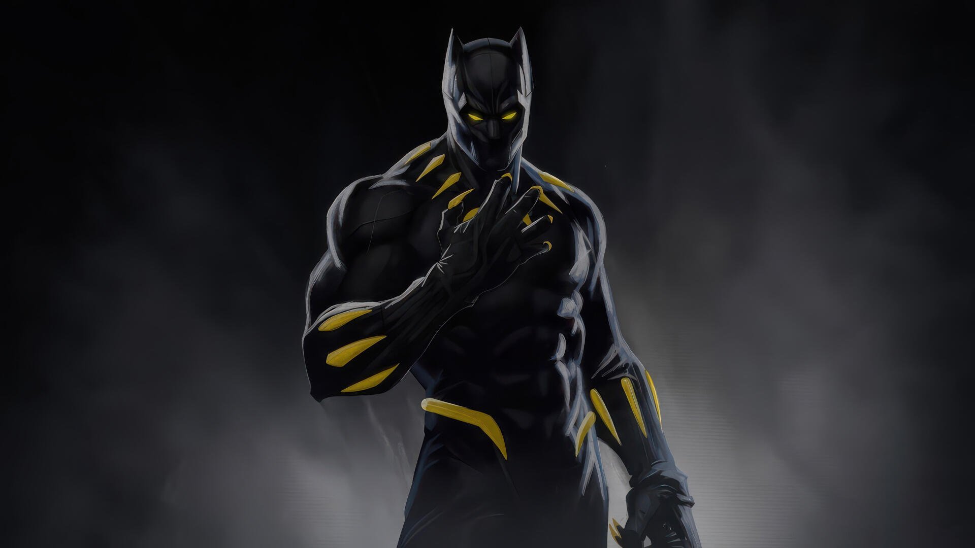 Black Panther (Marvel Comics) digital art: muscular hero in a black suit with glowing yellow accents, rendered as a 4K Ultra HD PC desktop wallpaper against a moody, misty background.