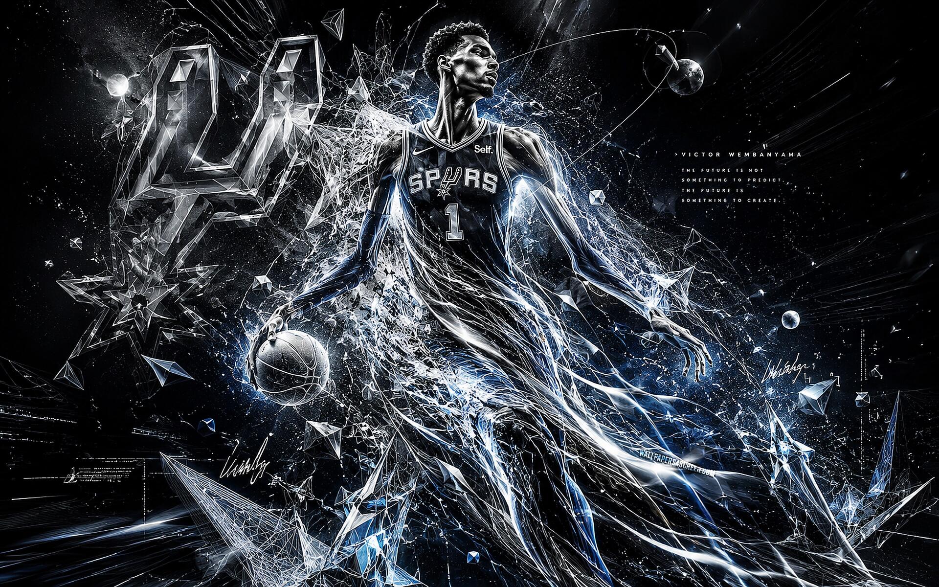 4K Ultra HD desktop wallpaper: towering San Antonio Spurs player in stylized electric motion, dribbling a basketball amid shards of light and shattered-glass effects.