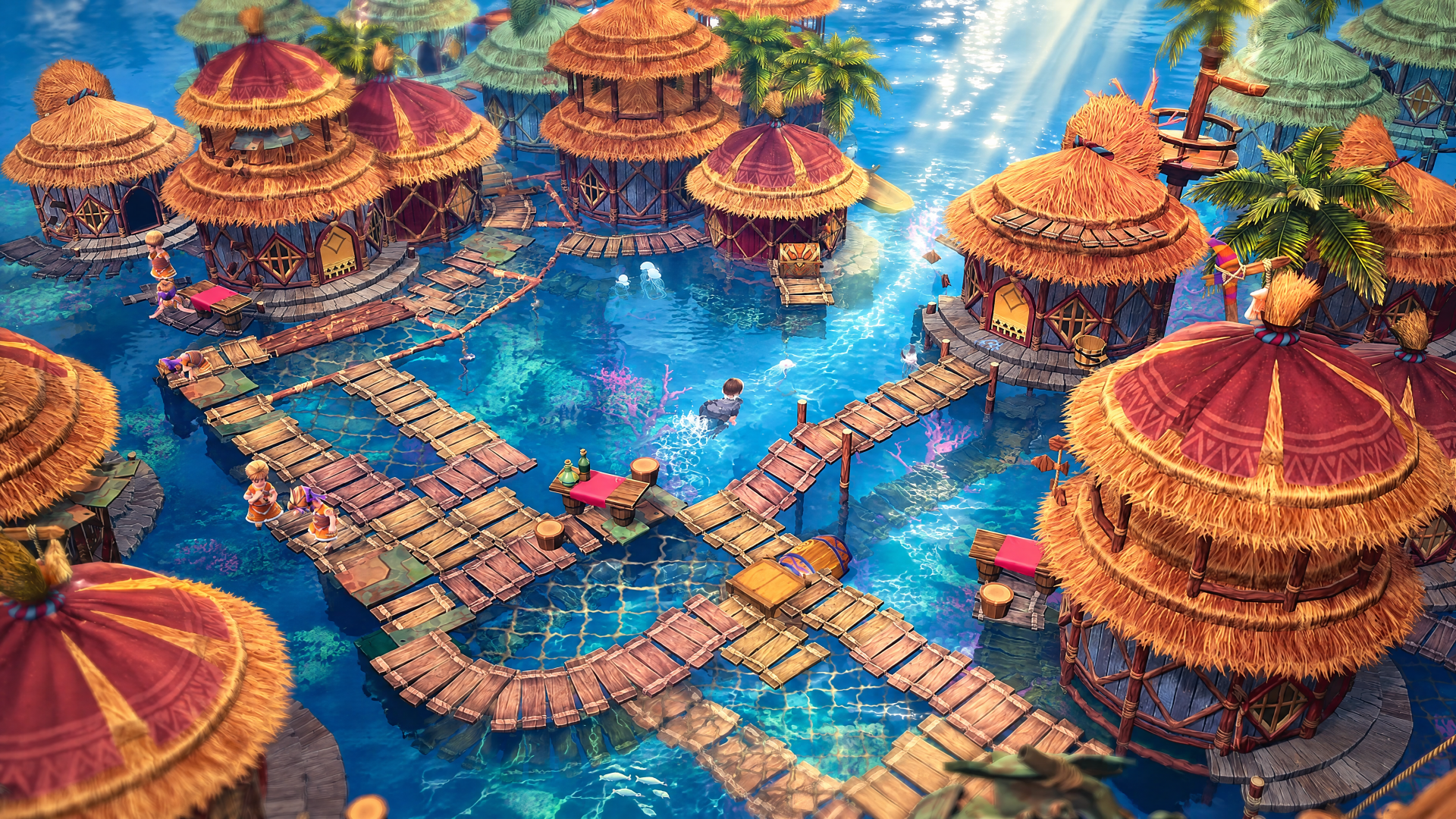 Eternal Anima 4K Ultra HD PC desktop wallpaper showing a colorful resort of thatched bungalows perched over a turquoise lagoon, connected by wooden walkways.