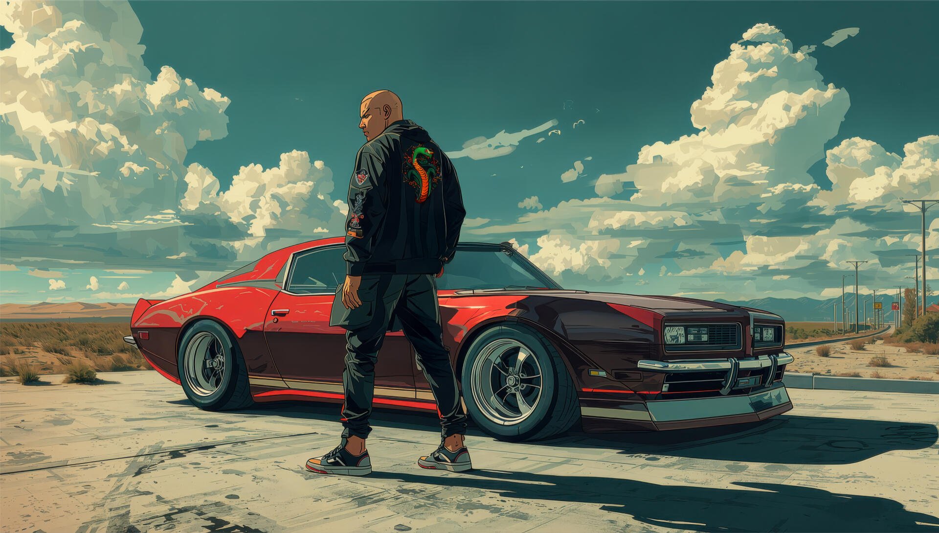 4K Ultra HD PC desktop wallpaper: digital art of a lone driver in jacket beside a red muscle car on a sunlit desert highway under dramatic clouds.