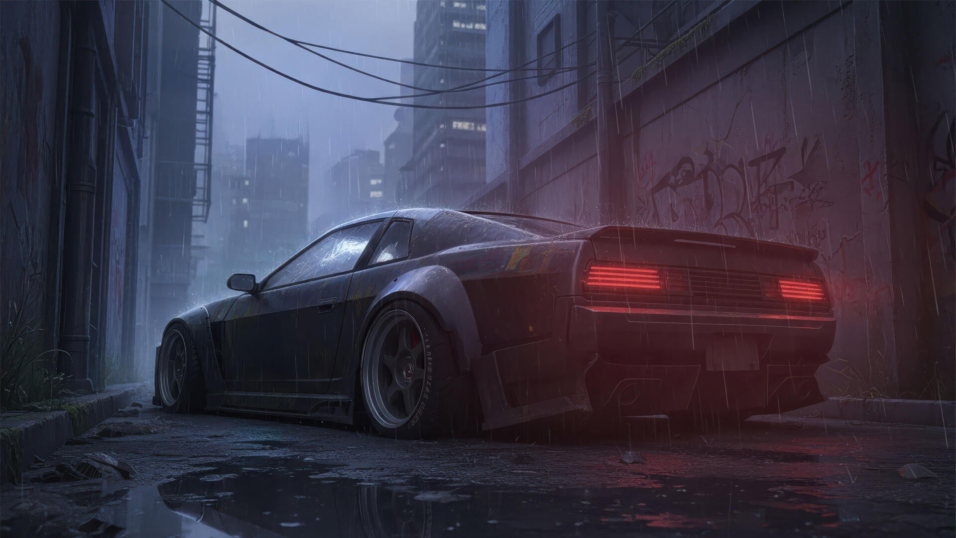 Digital art 4K Ultra HD PC desktop wallpaper of a Dodge at night, parked in a wet, neon-lit urban alley with glowing rear taillights and misty skyscrapers.
