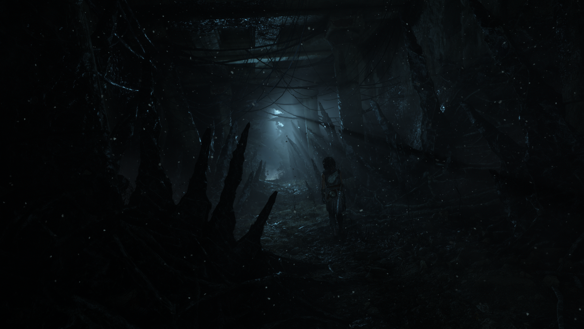 Resonance: A Plague Tale Legacy HD PC desktop wallpaper — lone silhouette in a foggy, rat-filled underground tunnel illuminated by a distant eerie blue light.
