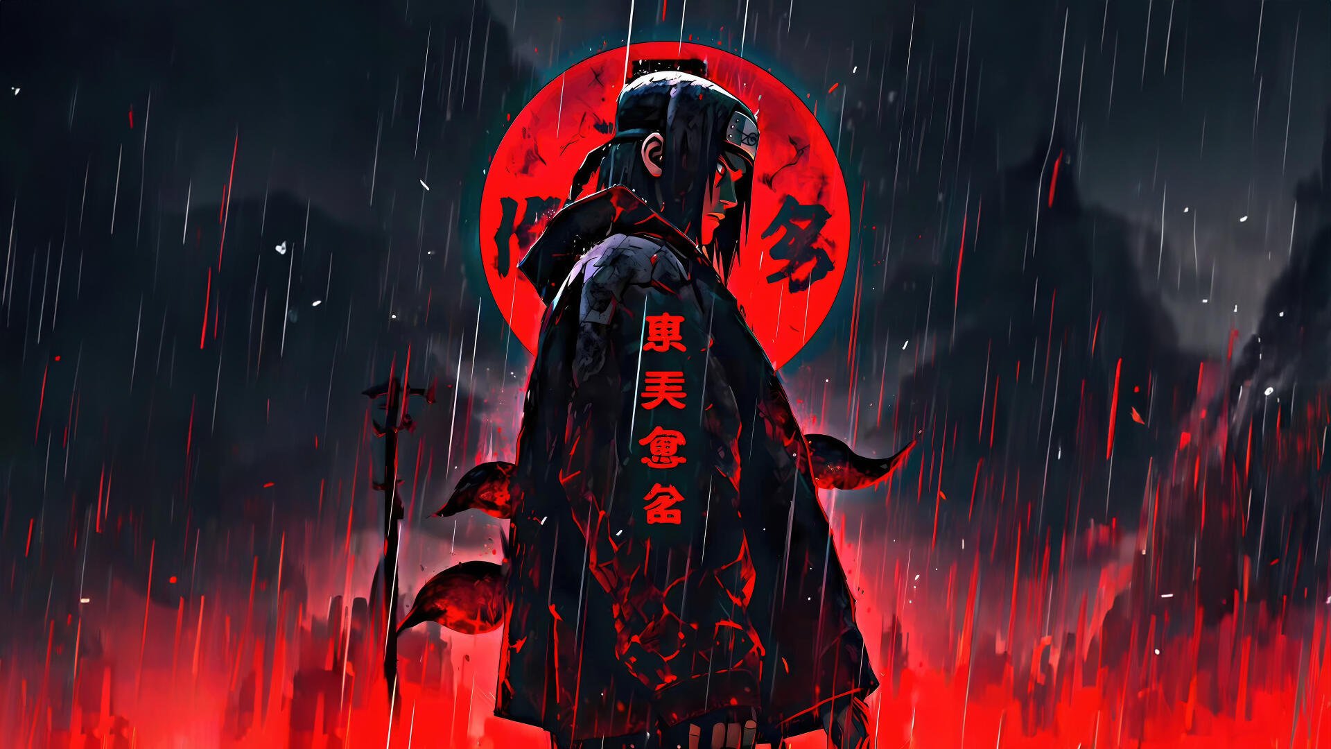 Itachi Uchiha anime 4K Ultra HD PC desktop wallpaper — lone figure in Akatsuki cloak standing in rain before a blood-red moon, crimson flames and shadowed mountains.