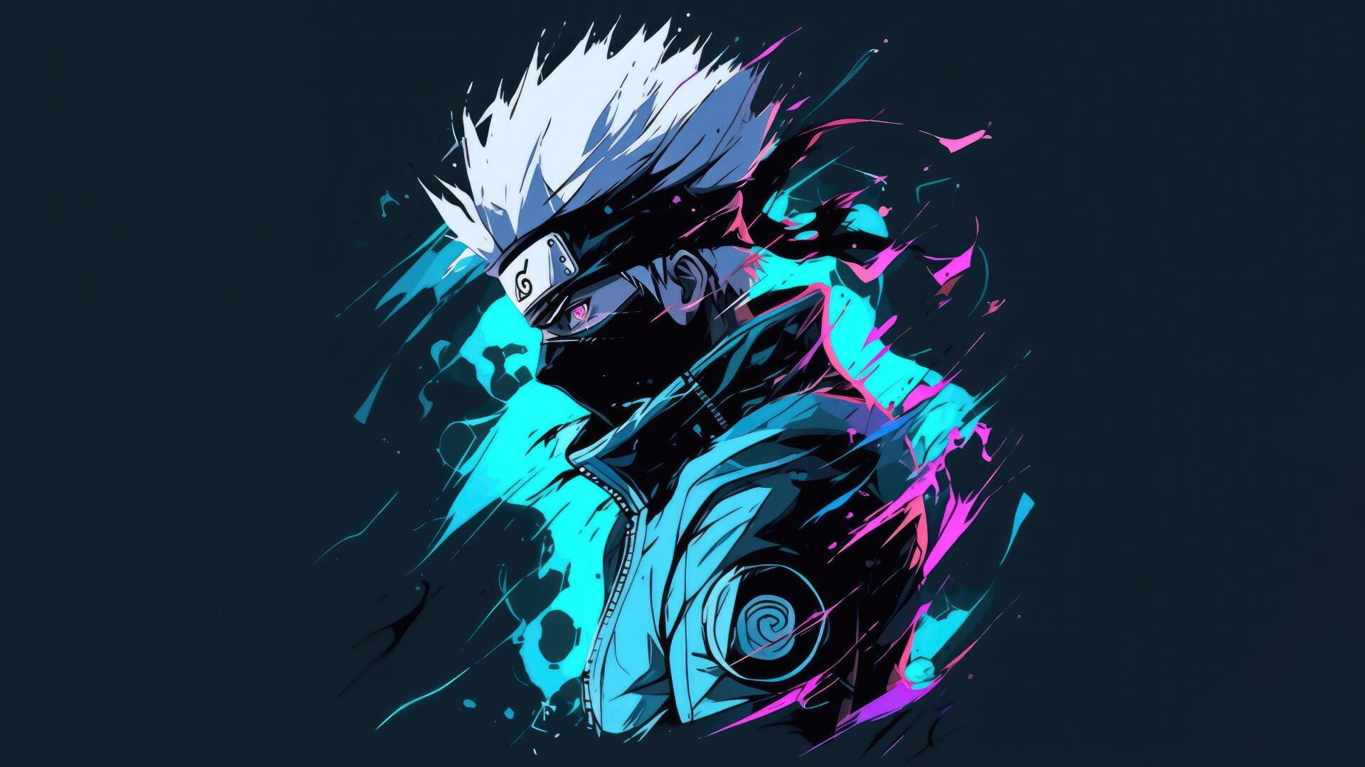 5K Ultra HD PC desktop wallpaper of Kakashi Hatake (Naruto): masked, spiky white hair, one eye visible, neon teal and magenta paint-splash effects on dark background.